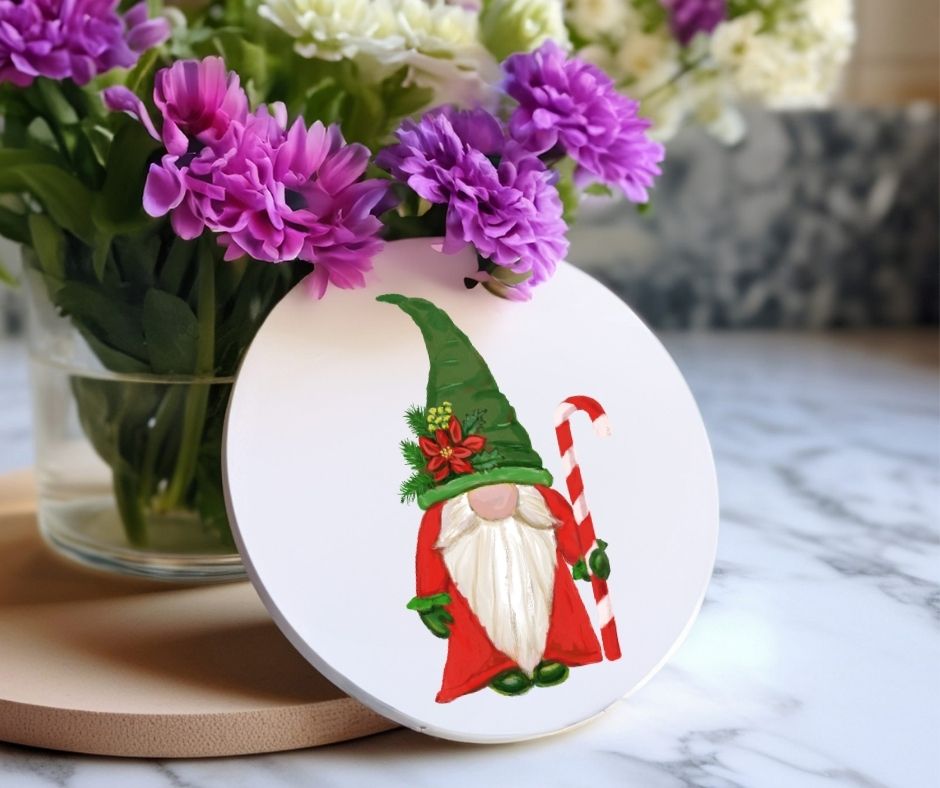 Christmas Gnome with Candy Cane Ceramic Coaster - MerikaArt
