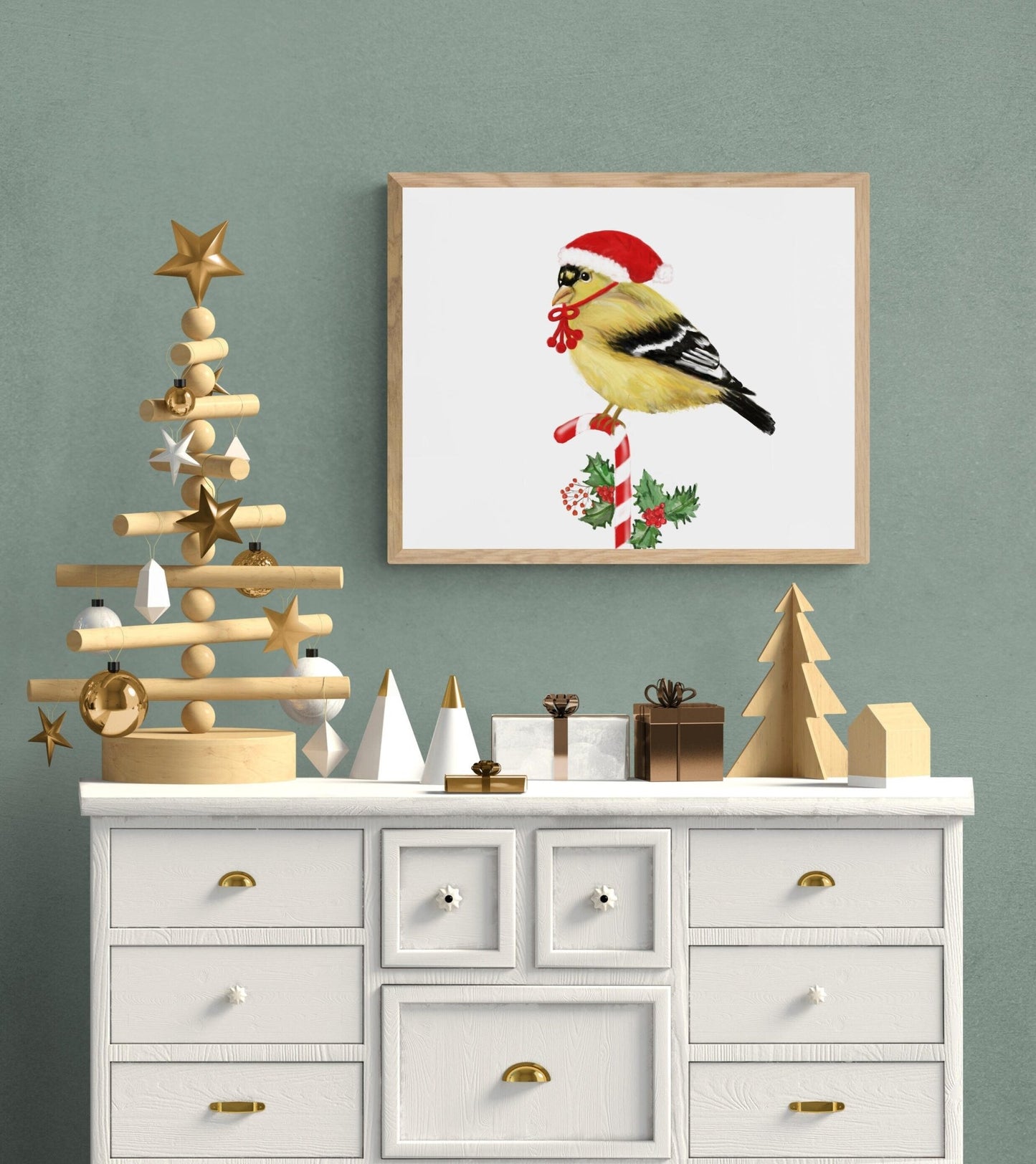 Christmas Goldfinch Print, Winter Christmas Art, Goldfinch Gift, New Years Bird Art, Winter Home Decor, Christmas Animals, Bird Portrait - MerikaArt