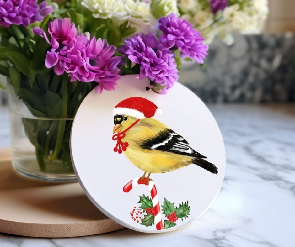 Christmas Goldfinch with Santa Hat Ceramic Coaster - MerikaArt