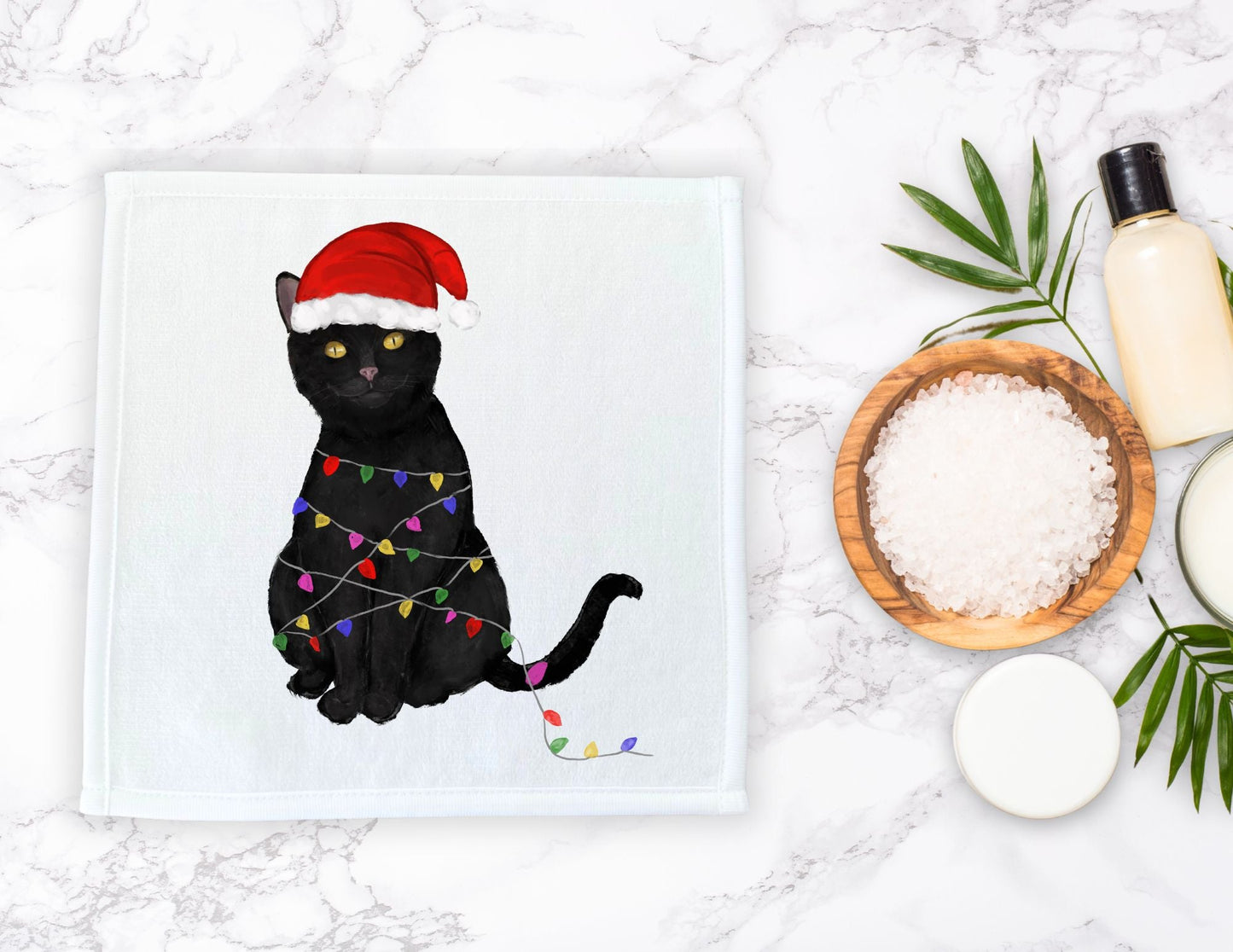 Christmas Lights Black Cat Washcloth - MerikaArt