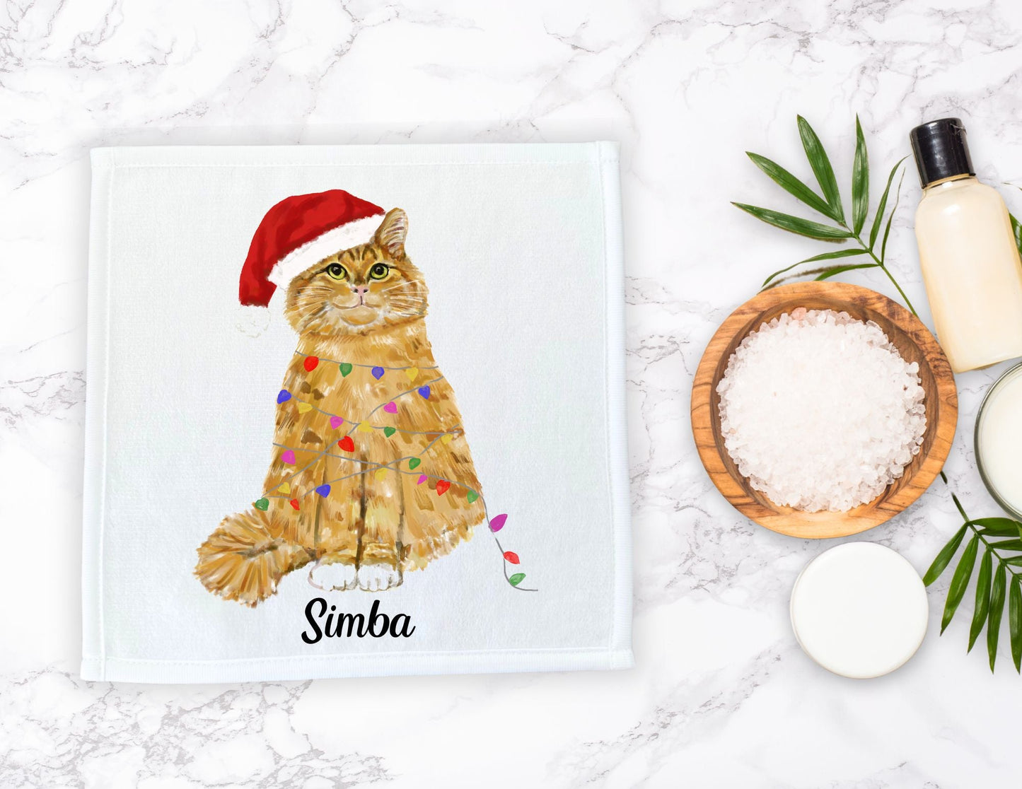 Christmas Lights Orange Cat Washcloth - MerikaArt