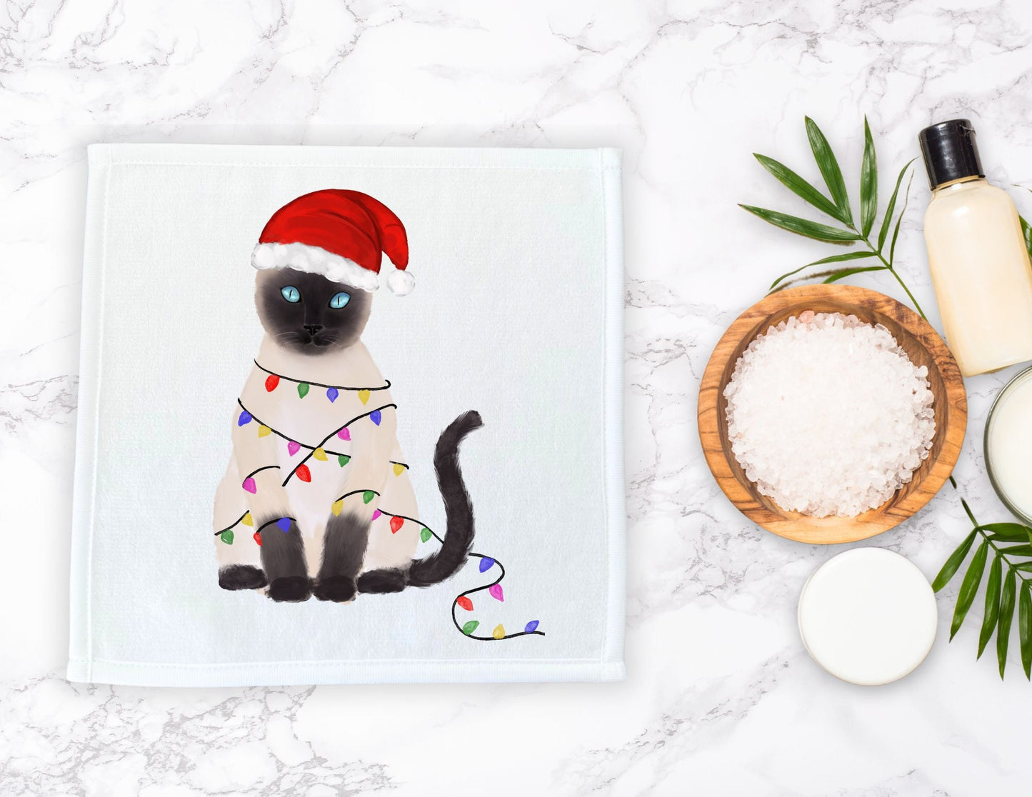 Christmas Lights Siamese Cat Washcloth - MerikaArt