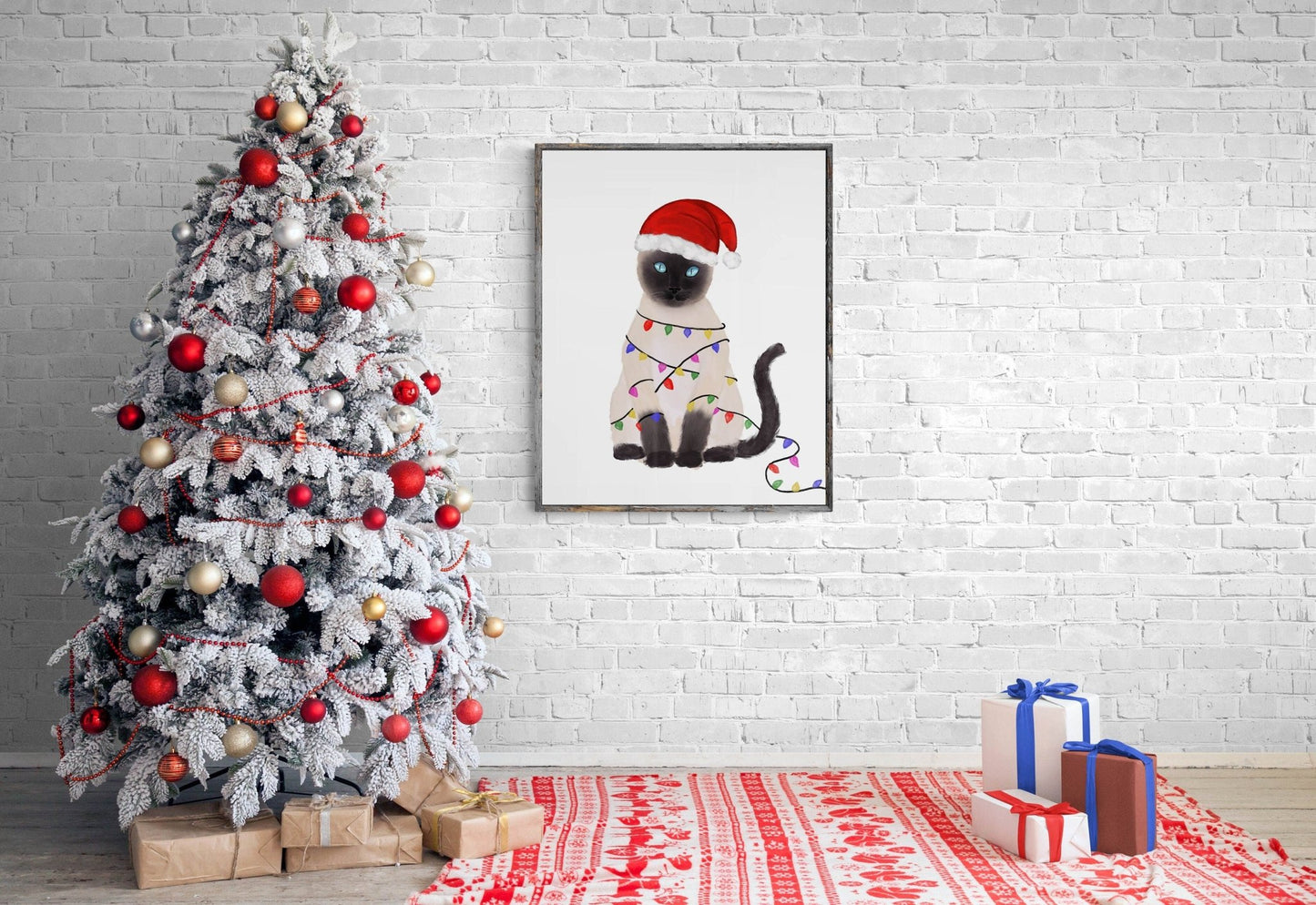 Christmas Siamese Cat Print, Naughty Cat Artwork, Siamese With Xmas Lights, Cat Illustration, Home Decor, Kitten Painting, Cat Lover Gift - MerikaArt