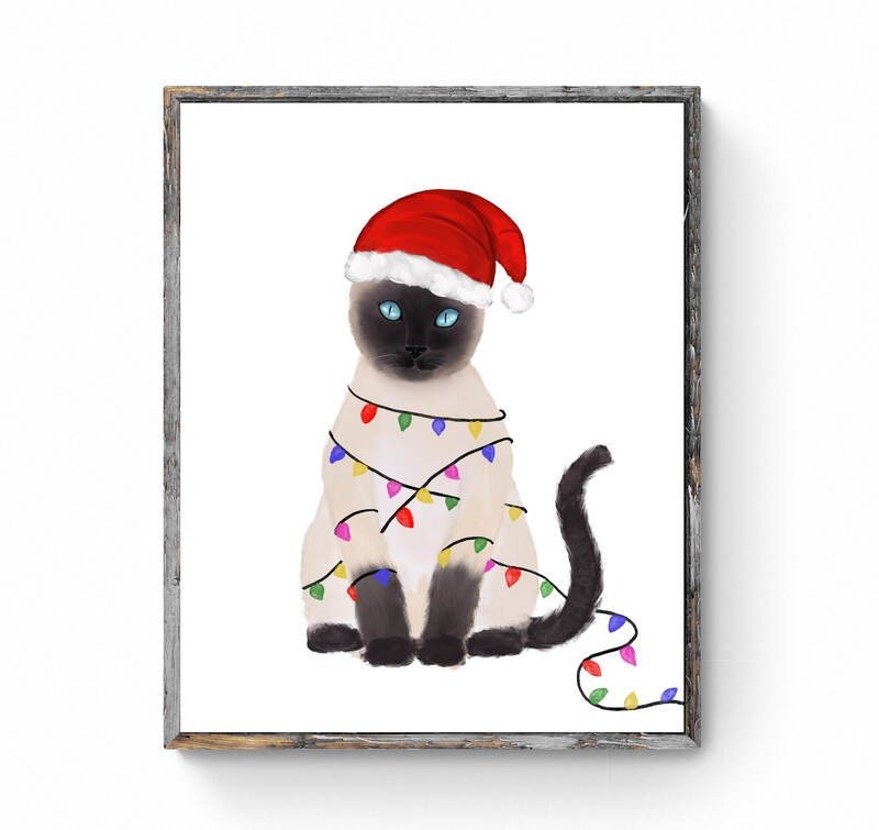 Christmas Siamese Cat Print, Naughty Cat Artwork, Siamese With Xmas Lights, Cat Illustration, Home Decor, Kitten Painting, Cat Lover Gift - MerikaArt
