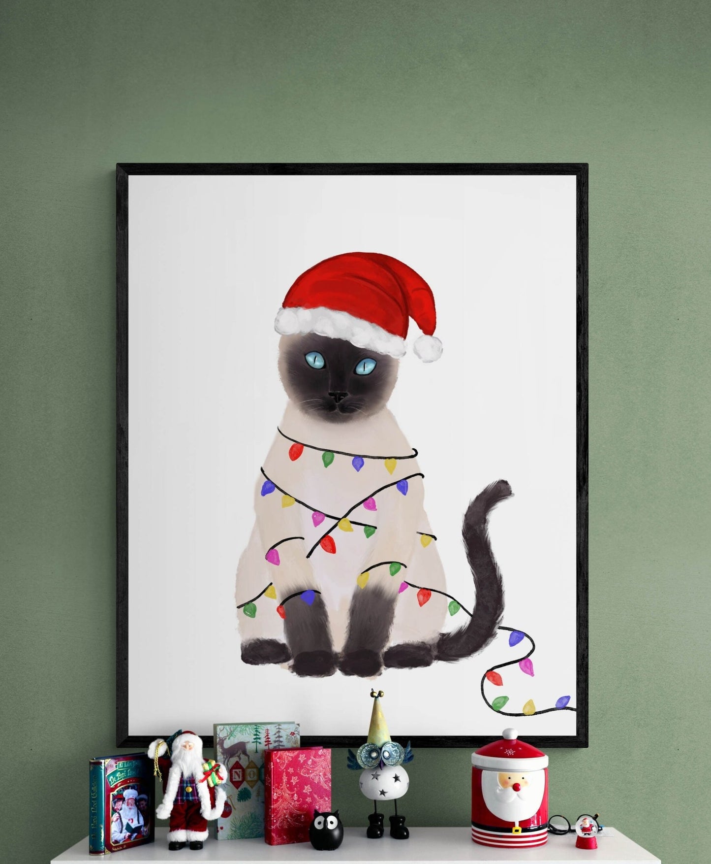 Christmas Siamese Cat Print, Naughty Cat Artwork, Siamese With Xmas Lights, Cat Illustration, Home Decor, Kitten Painting, Cat Lover Gift - MerikaArt