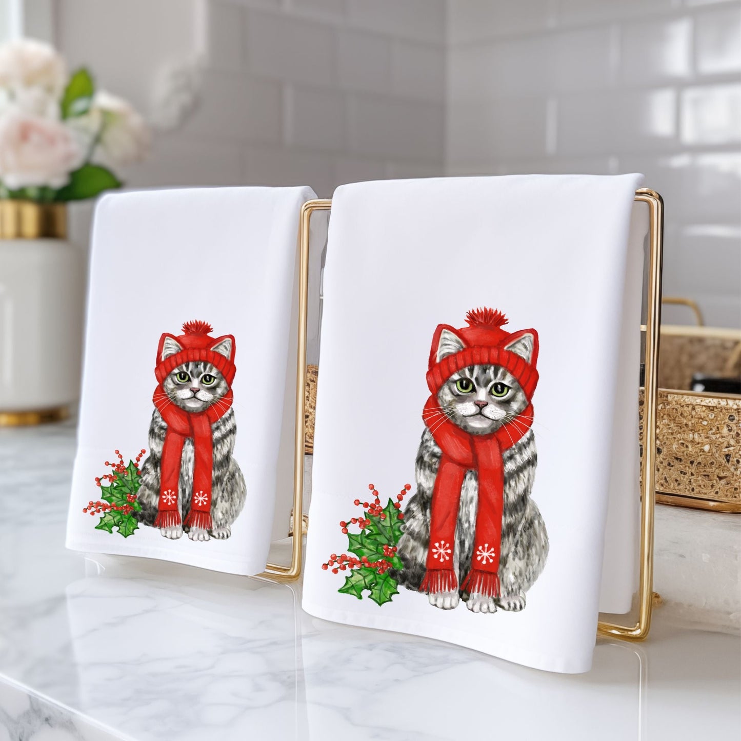 Christmas Tabby Cat Bathroom Towel - MerikaArt