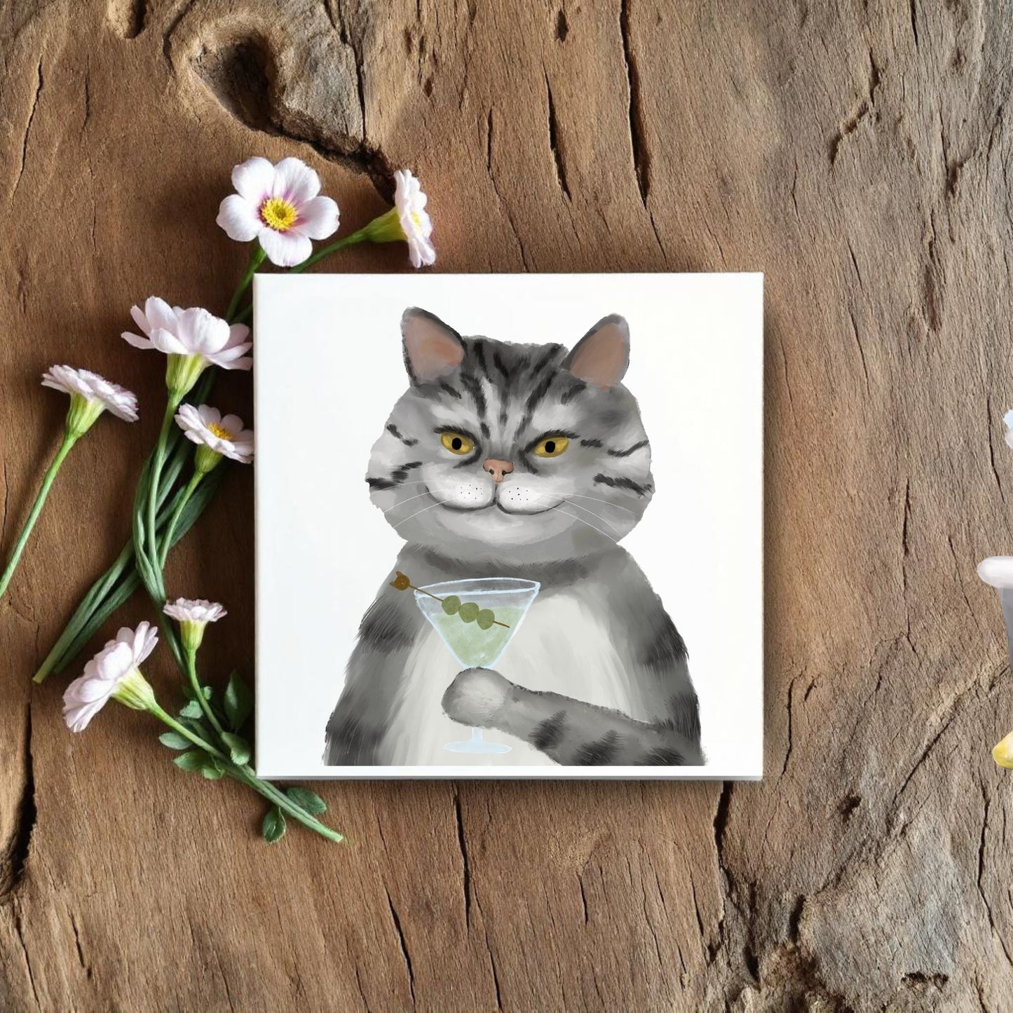 Classy Tabby Cat Martini Ceramic Tile - MerikaArt