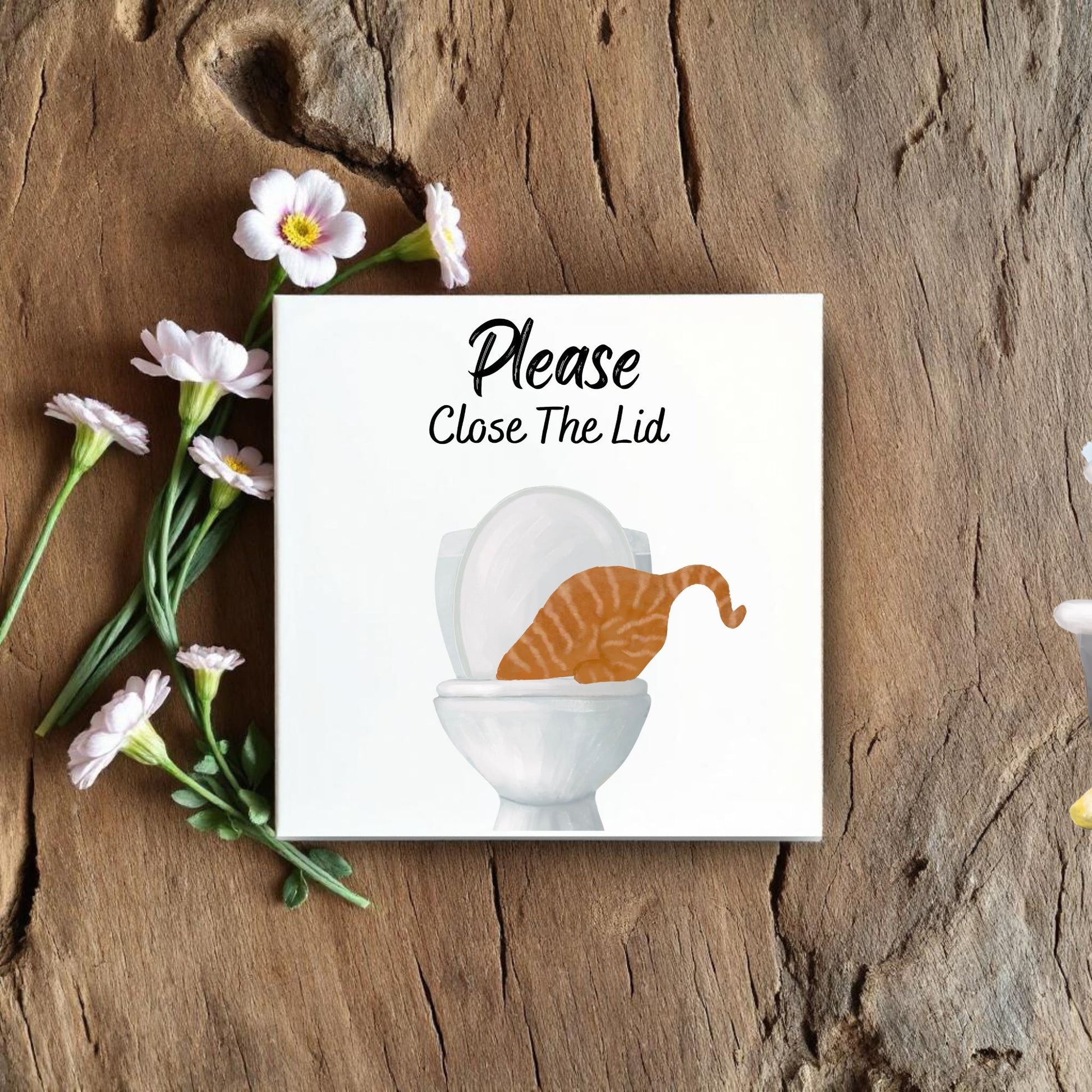 Close The Lid Orange Tabby Cat Ceramic Tile - MerikaArt