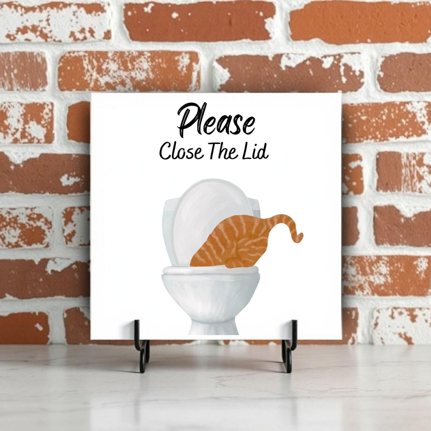 Close The Lid Orange Tabby Cat Ceramic Tile - MerikaArt
