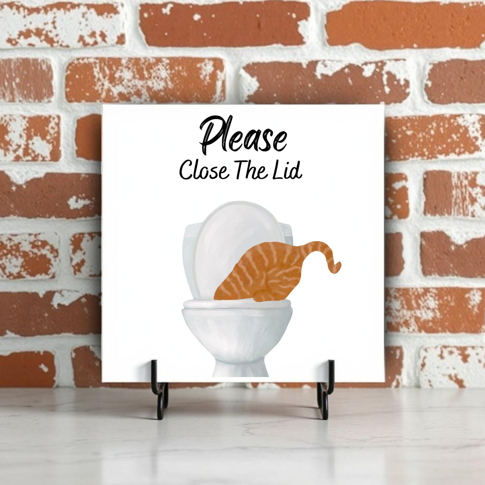 Close The Lid Orange Tabby Cat Ceramic Tile - MerikaArt