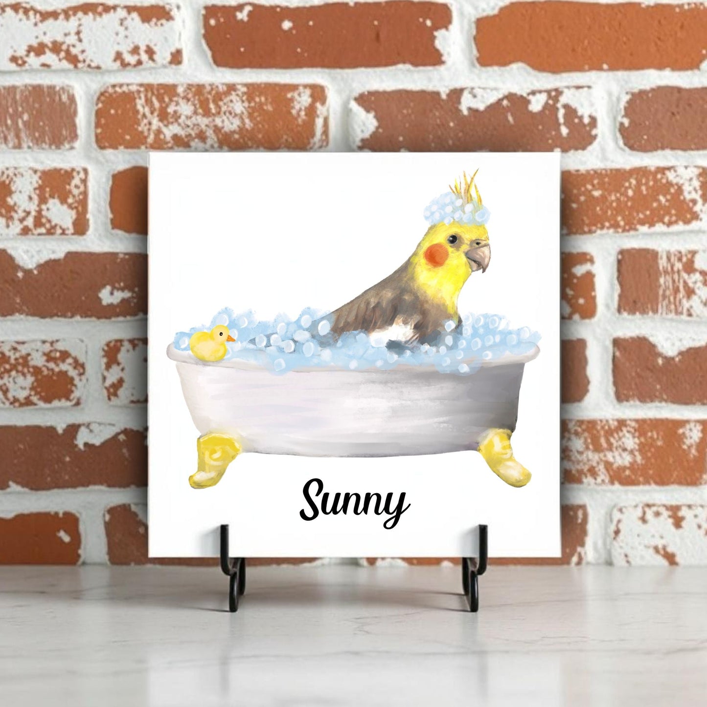 Cockatiel in Bathtub Ceramic Tile – Handcrafted Whimsical Bird Decor - MerikaArt