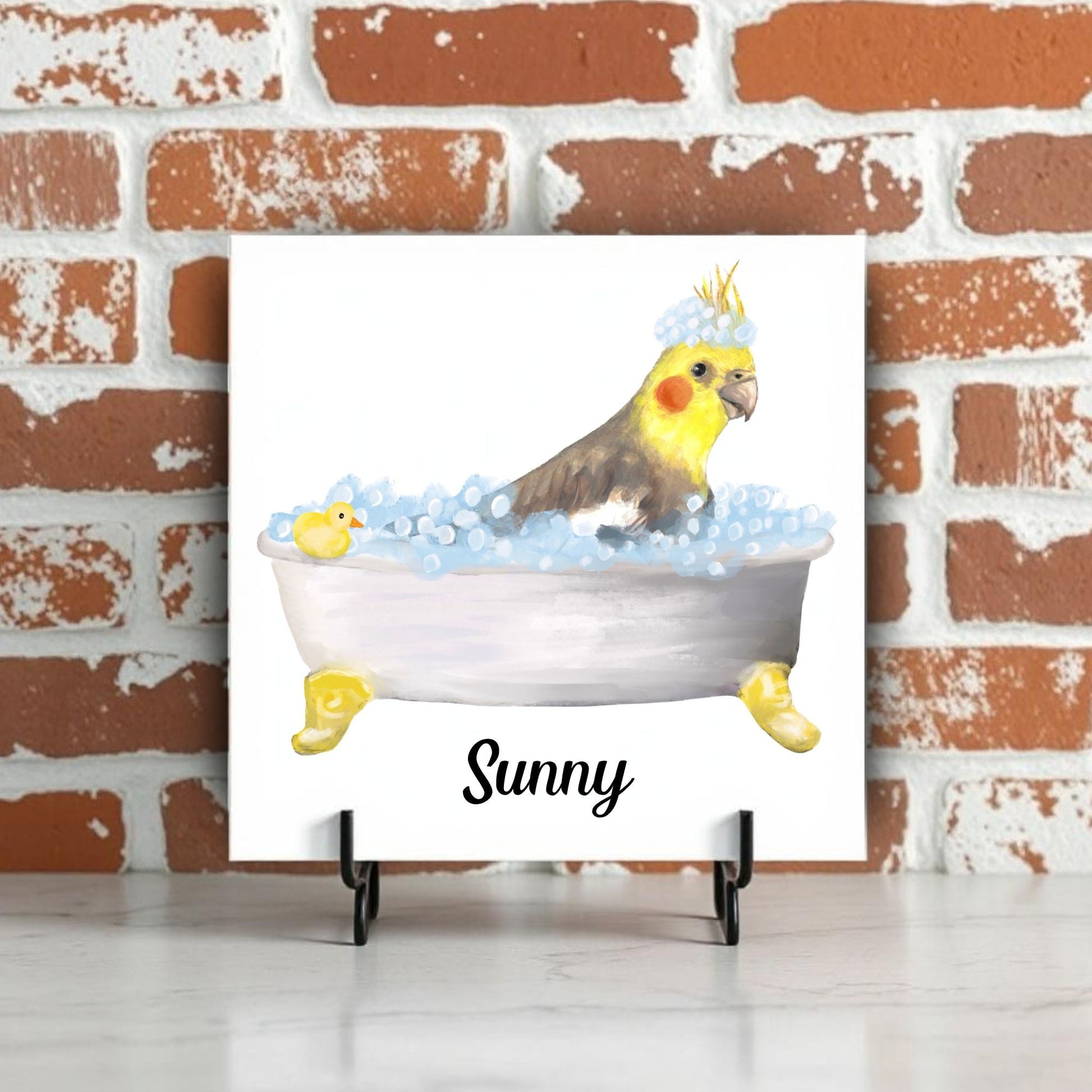 Cockatiel in Bathtub Ceramic Tile – Handcrafted Whimsical Bird Decor - MerikaArt