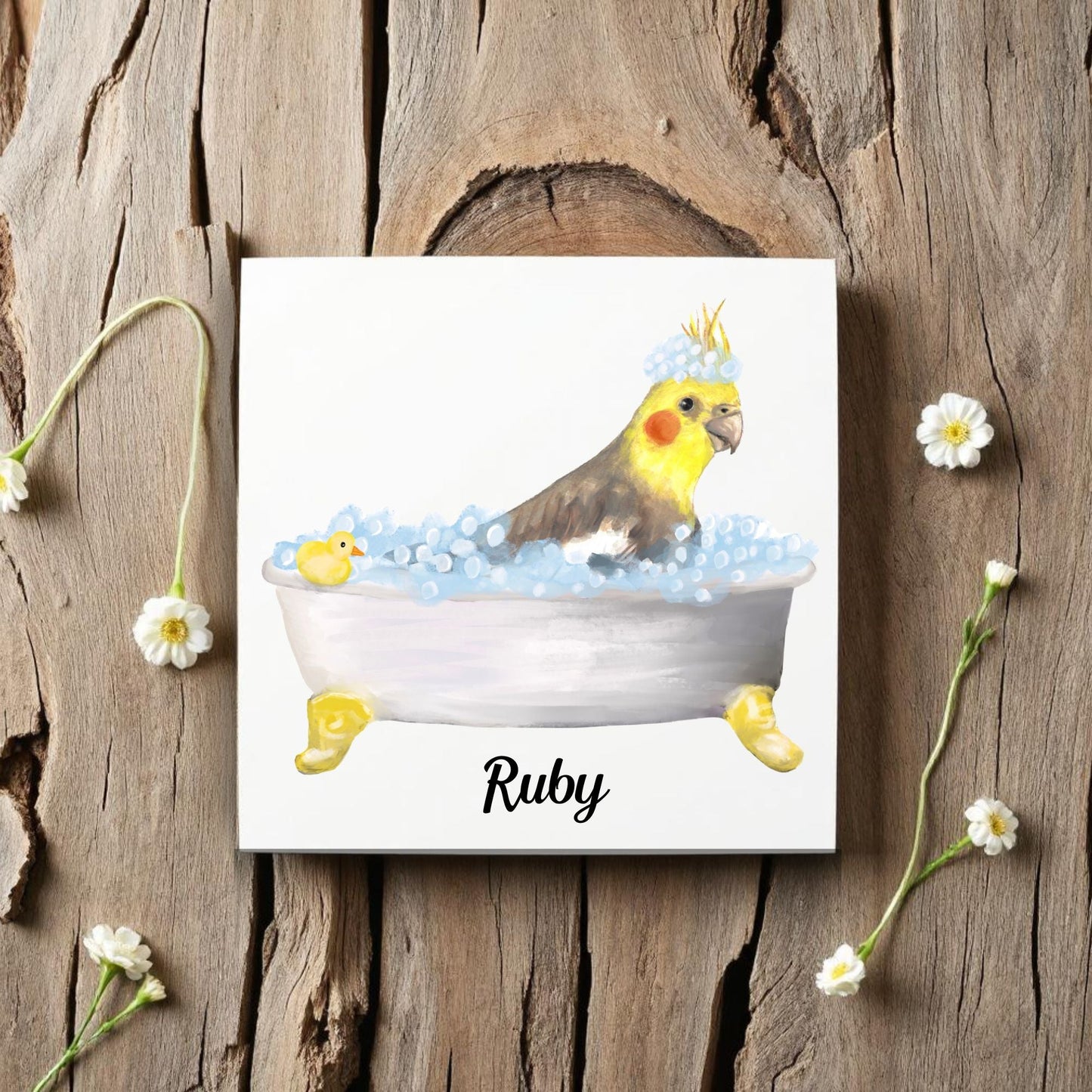 Cockatiel in Bathtub Ceramic Tile – Handcrafted Whimsical Bird Decor - MerikaArt