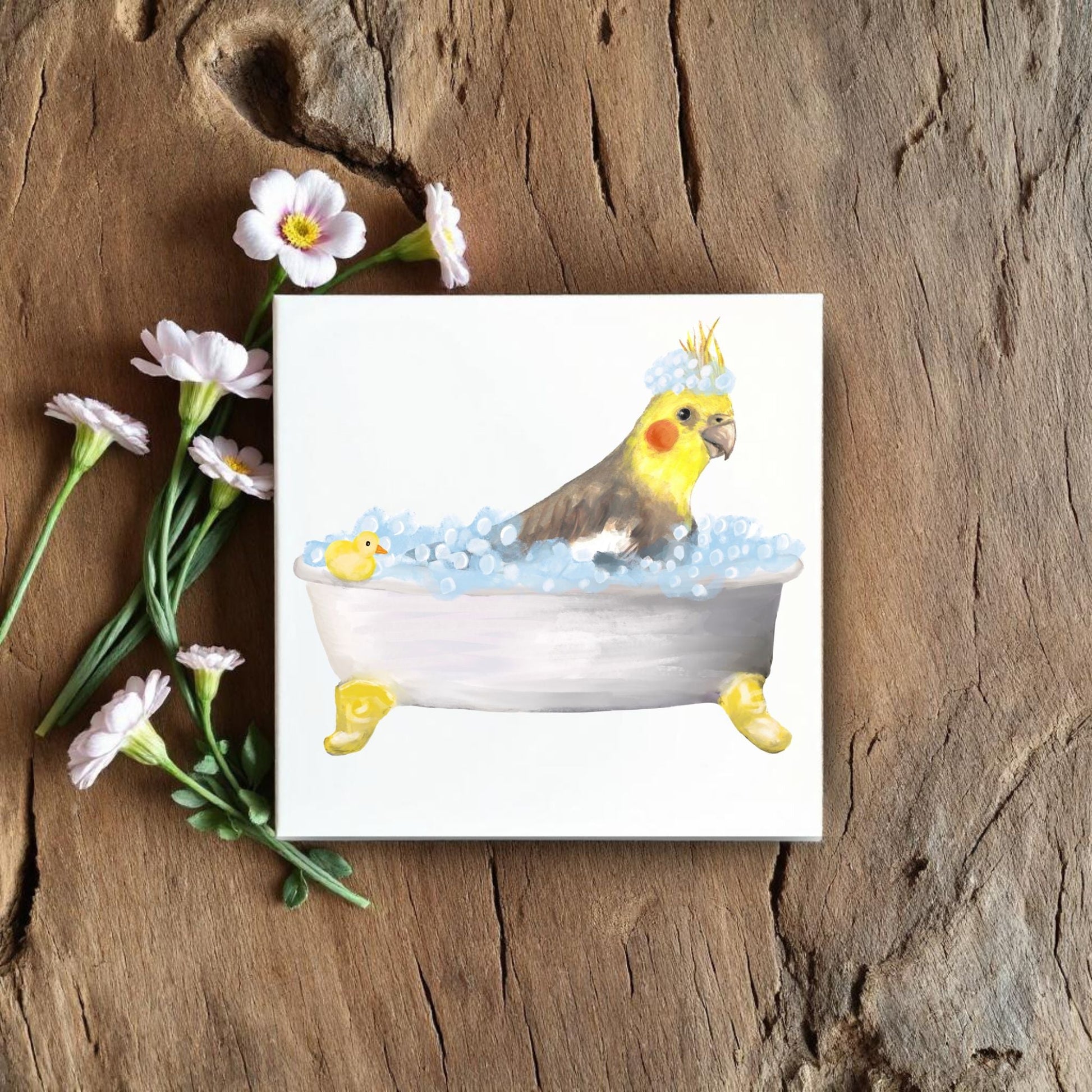 Cockatiel in Bathtub Ceramic Tile – Handcrafted Whimsical Bird Decor - MerikaArt