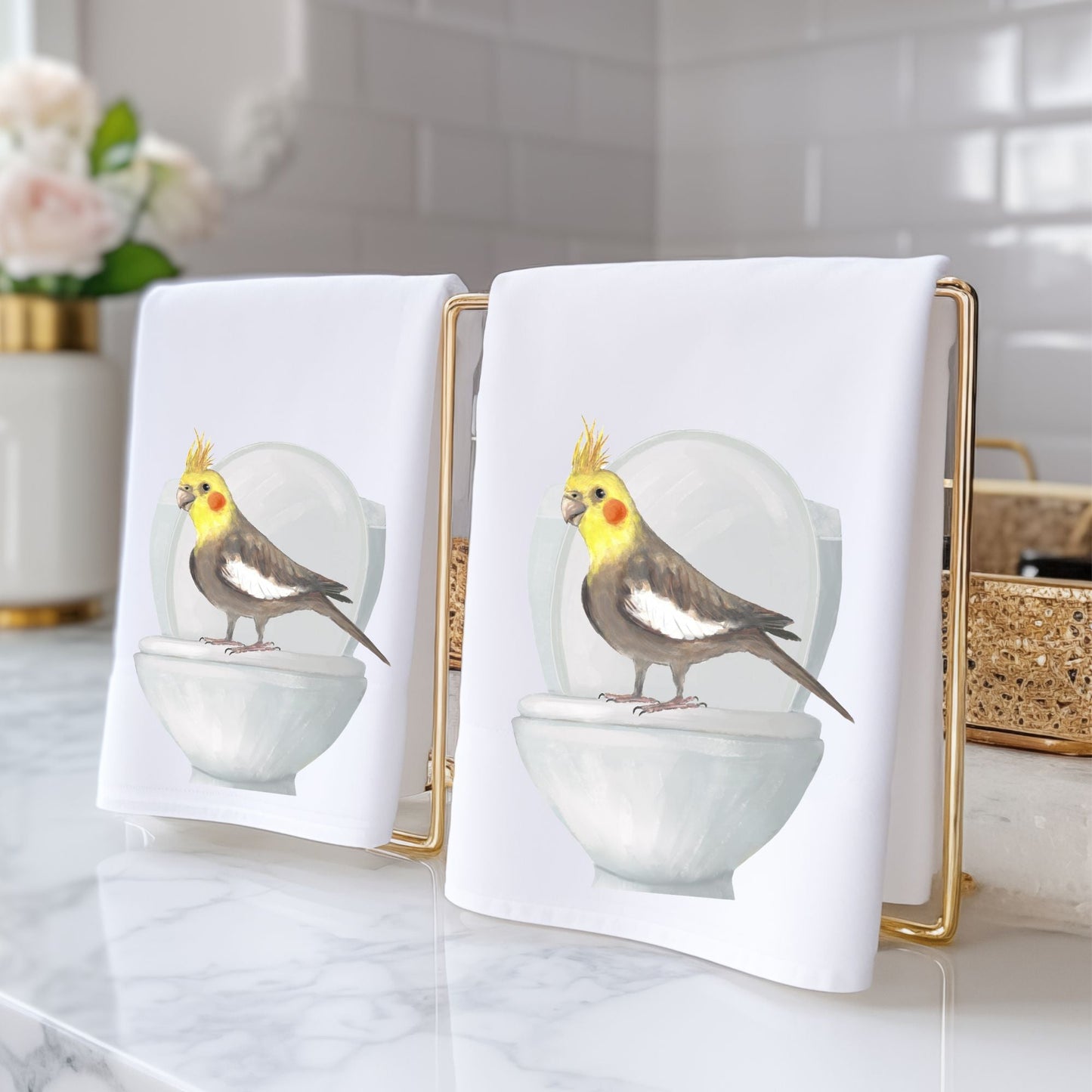 Cockatiel on Toilet Bathroom Towel - MerikaArt