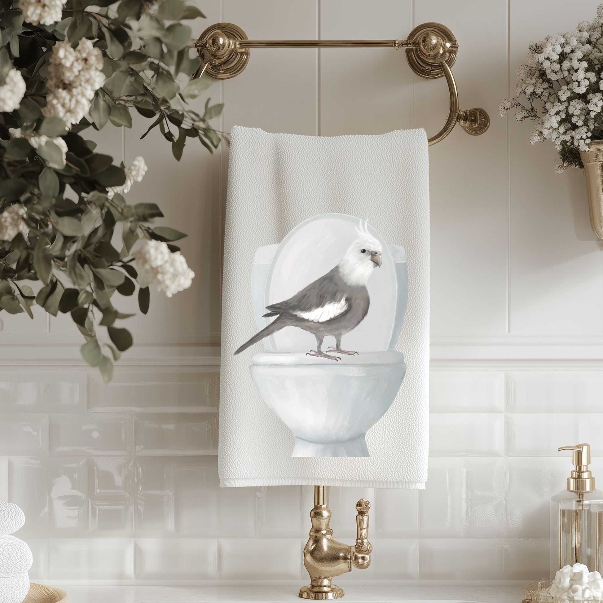 Cockatiel on Toilet Bathroom Towel - MerikaArt