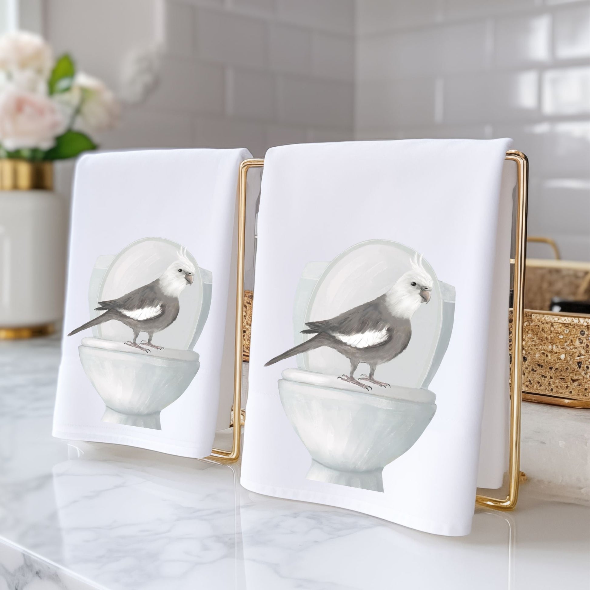 Cockatiel on Toilet Bathroom Towel - MerikaArt