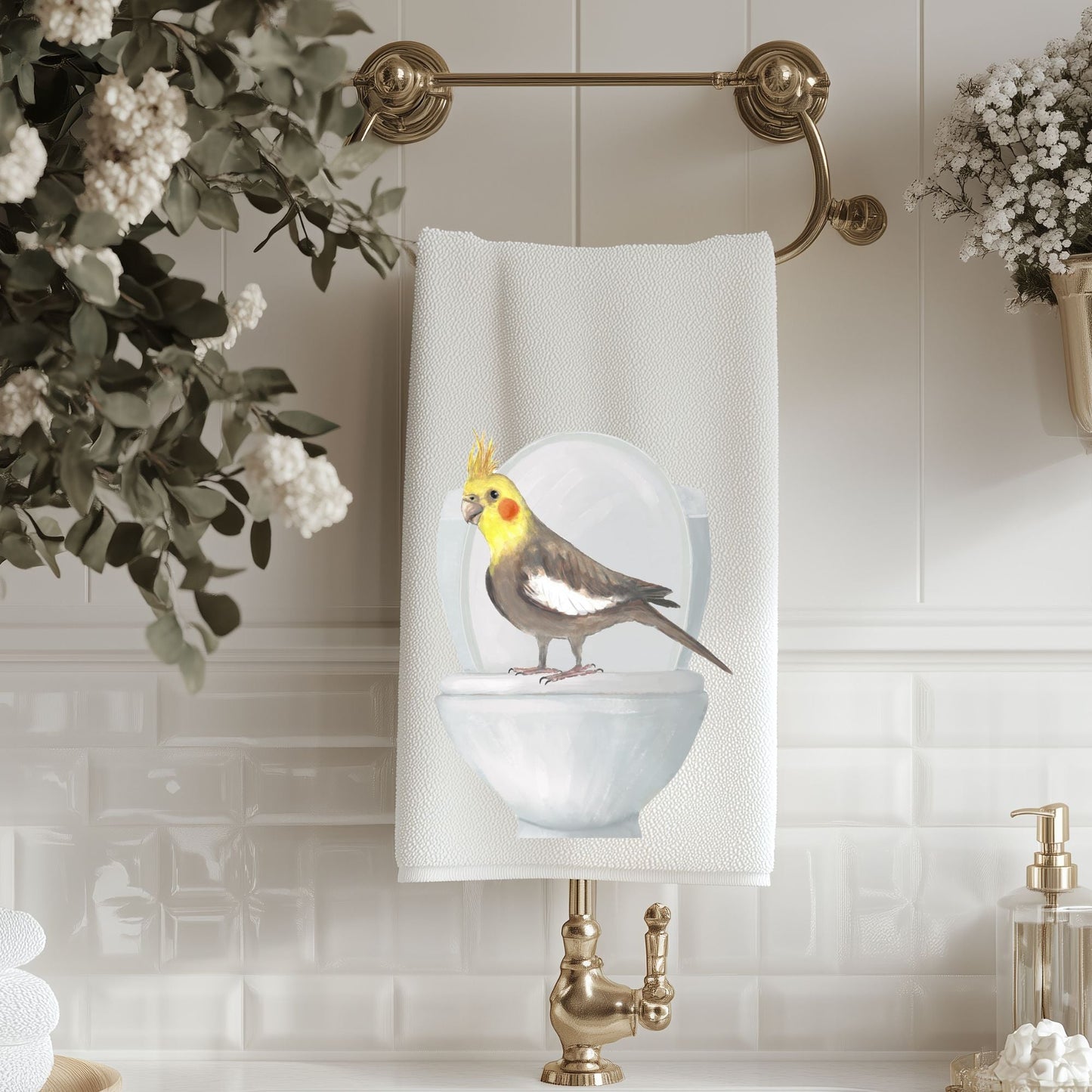 Cockatiel on Toilet Bathroom Towel - MerikaArt