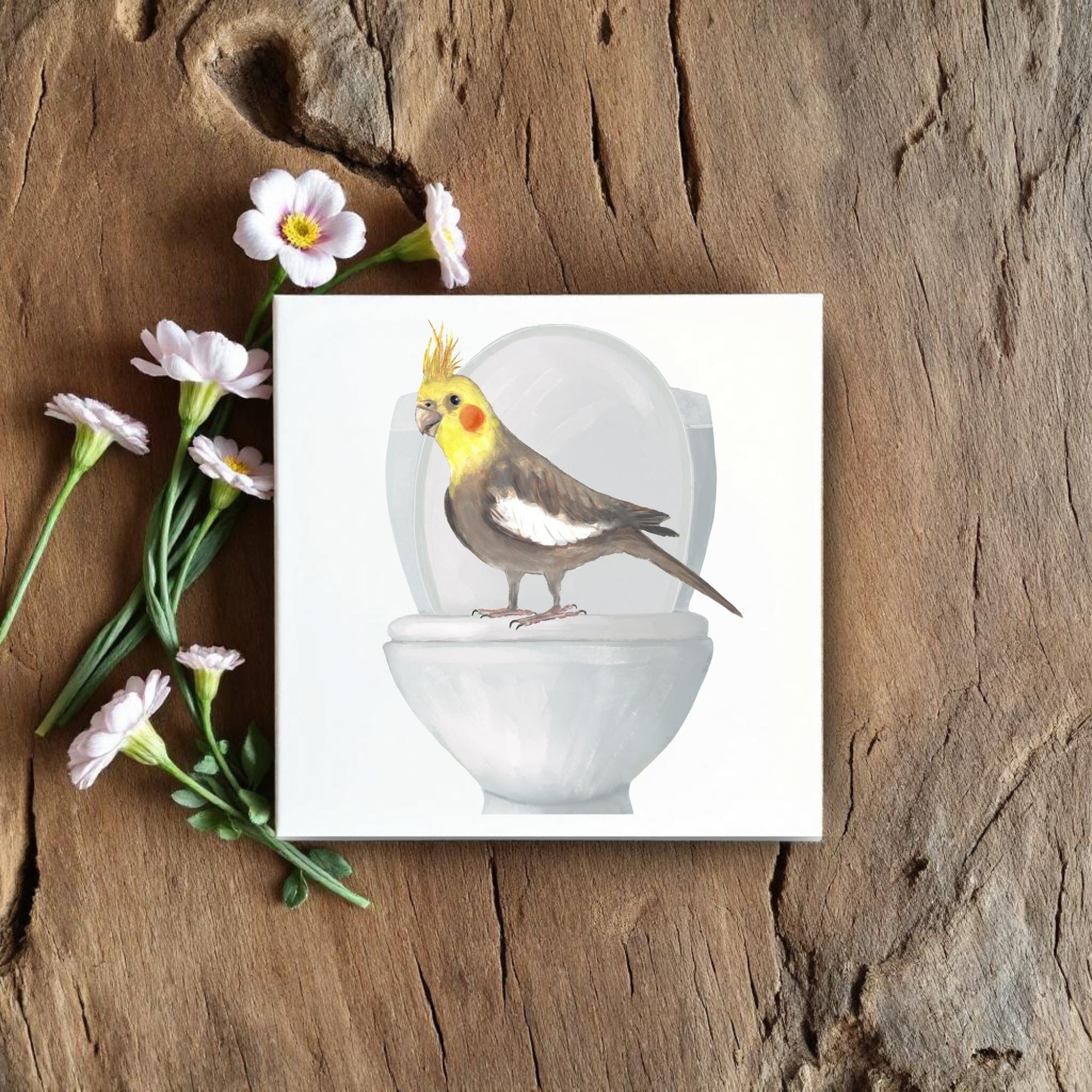 Cockatiel on Toilet Ceramic Tile – Handcrafted Bird Lover Decor - MerikaArt