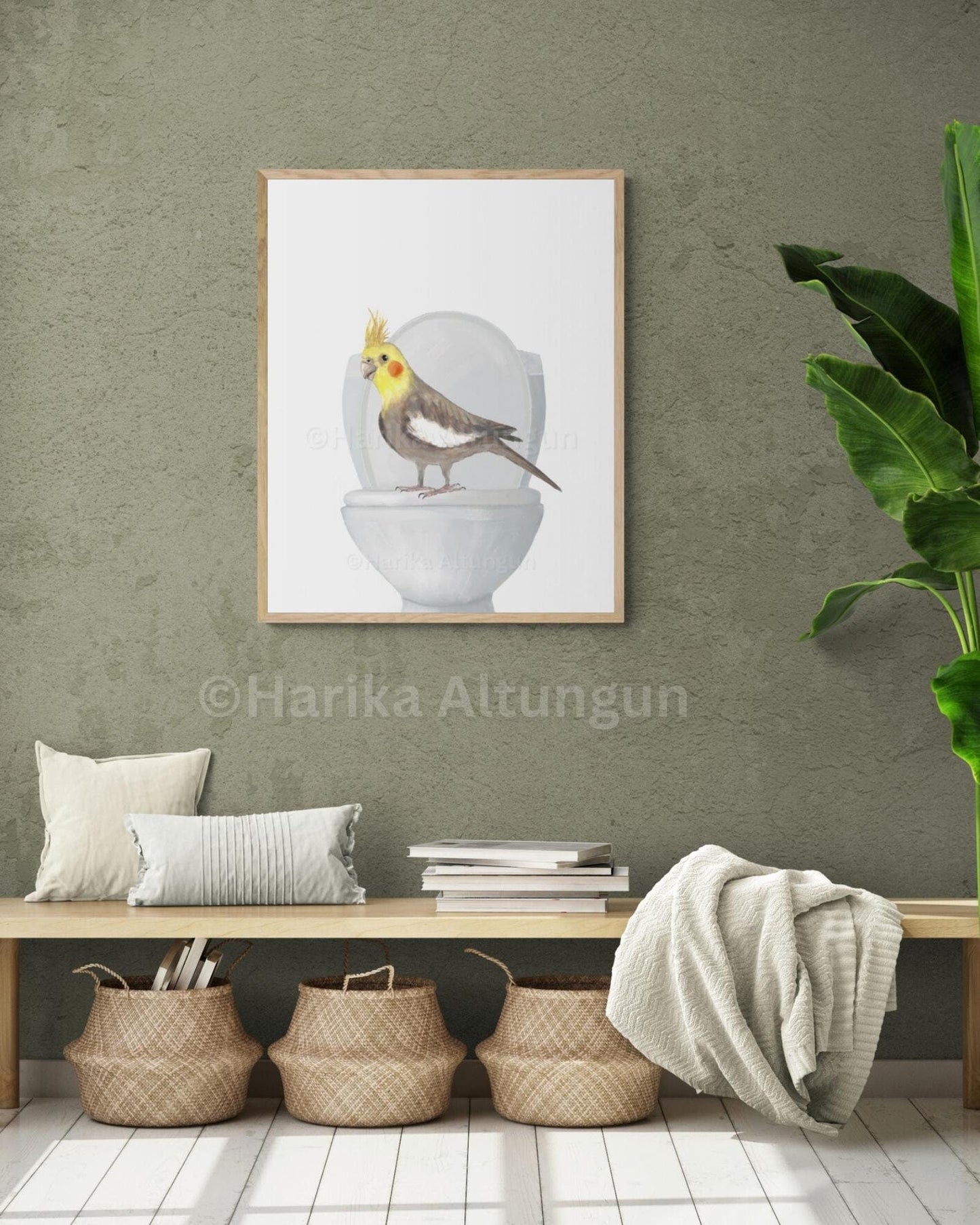 Cockatiel On Toilet Print, Cockatiel In Bathroom, Animal Bathroom Wall Art, Bird Memorial Painting, Parrot In Bath Print, Pet Mom Dad Gift - MerikaArt