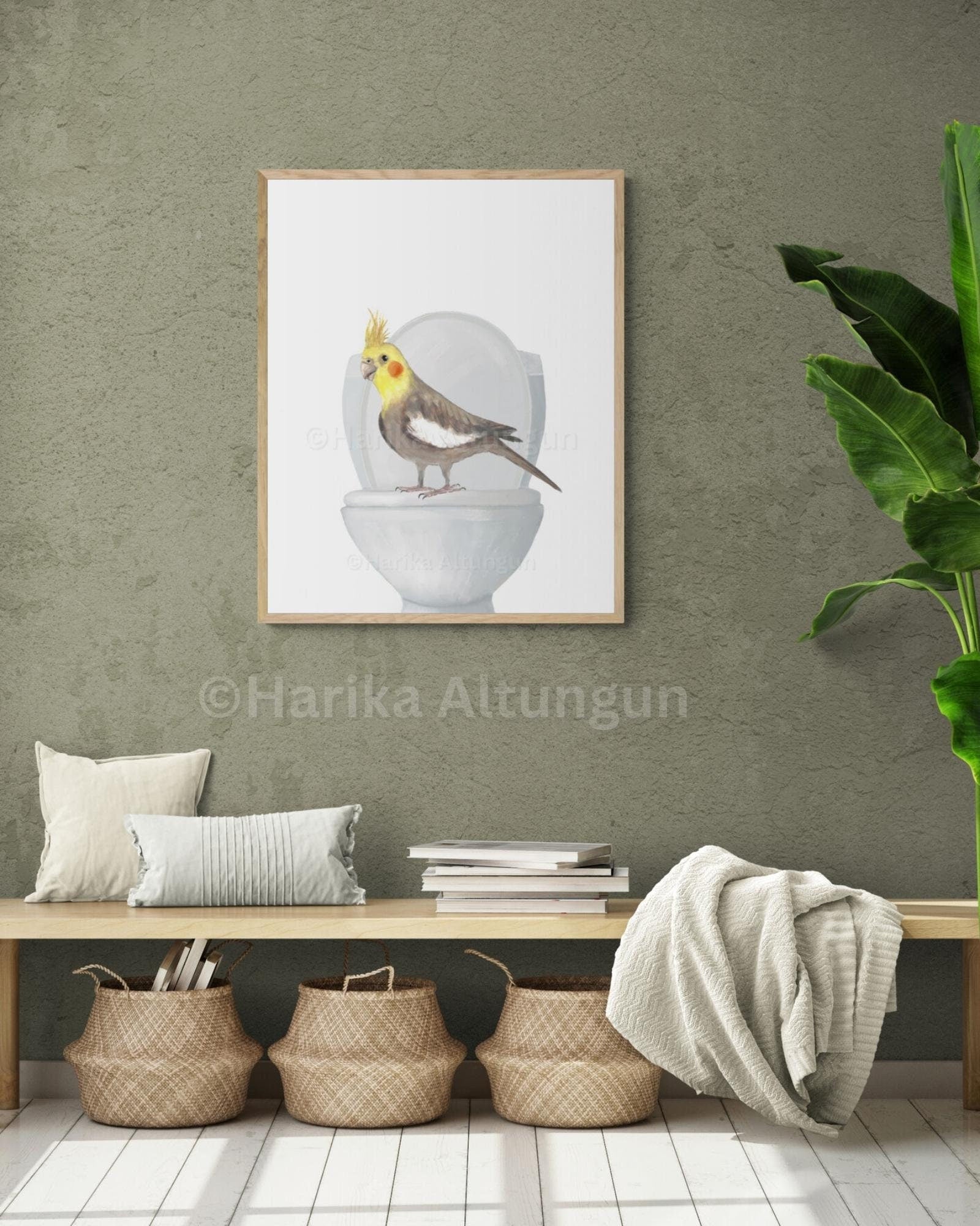 Cockatiel On Toilet Print, Cockatiel In Bathroom, Animal Bathroom Wall Art, Bird Memorial Painting, Parrot In Bath Print, Pet Mom Dad Gift - MerikaArt