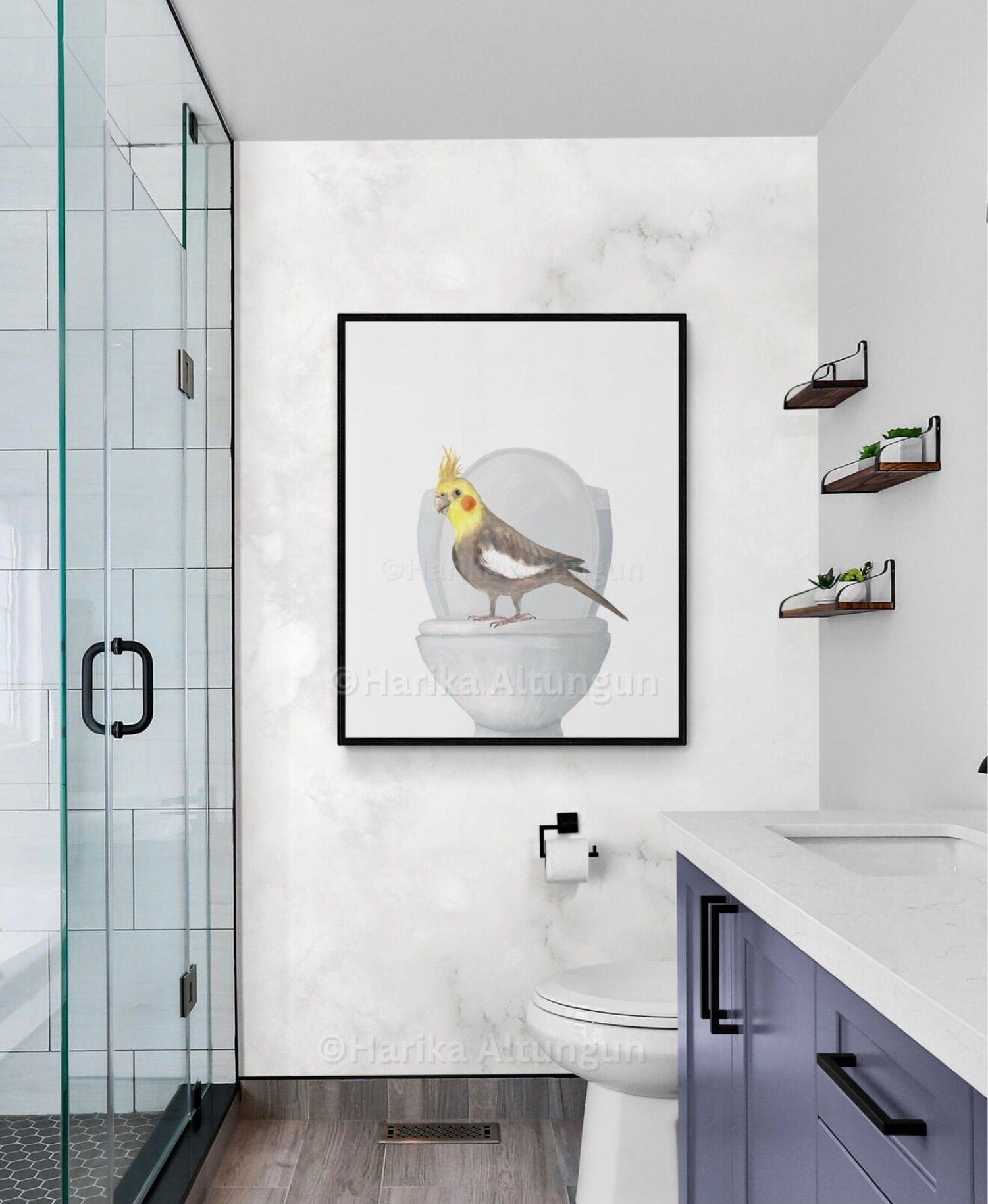 Cockatiel On Toilet Print, Cockatiel In Bathroom, Animal Bathroom Wall Art, Bird Memorial Painting, Parrot In Bath Print, Pet Mom Dad Gift - MerikaArt