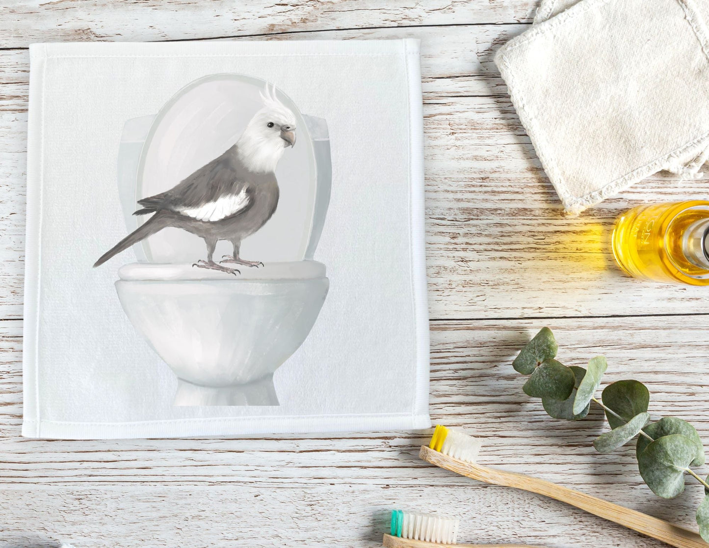 Cockatiel on Toilet Washcloth - MerikaArt