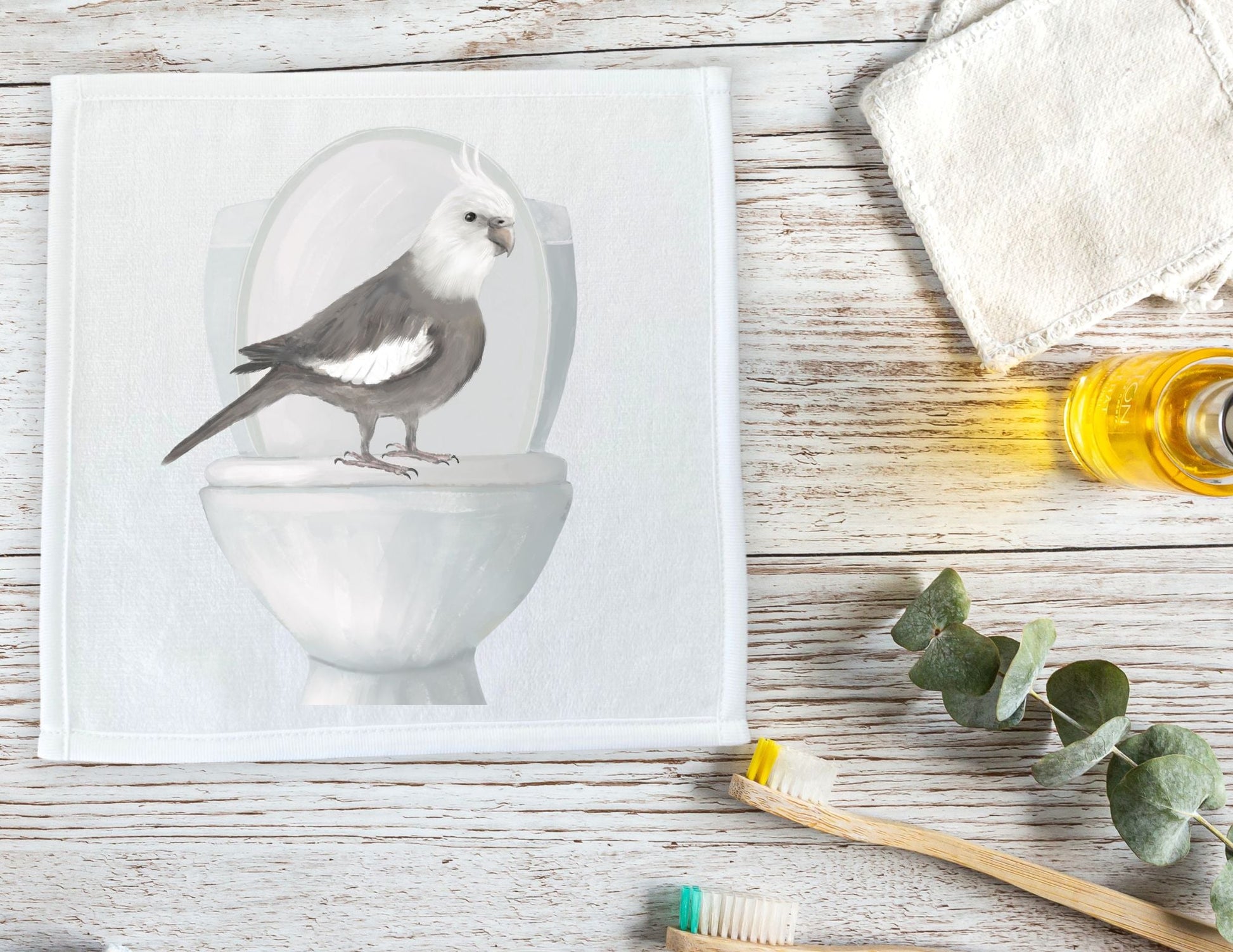 Cockatiel on Toilet Washcloth - MerikaArt