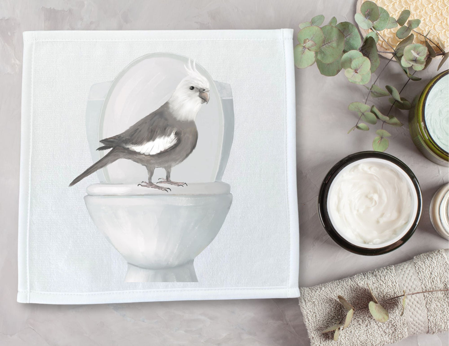 Cockatiel on Toilet Washcloth - MerikaArt