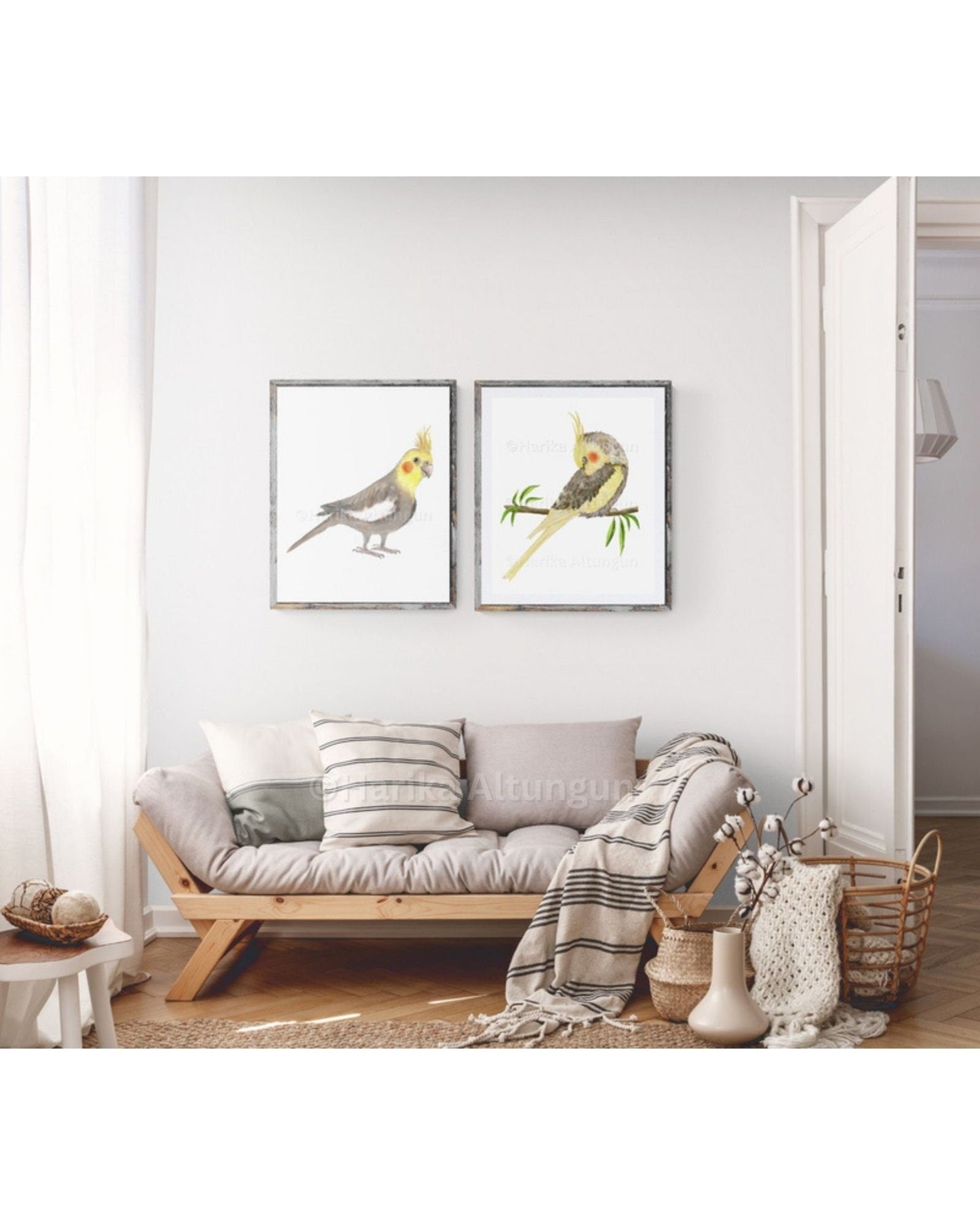 Cockatiel Set of 2 Print, Pet Memorial Painting, Parrot Bird Print, Sleeping Parrot Artwork, Living Room Wall Art, Bird Mom Dad Gift - MerikaArt