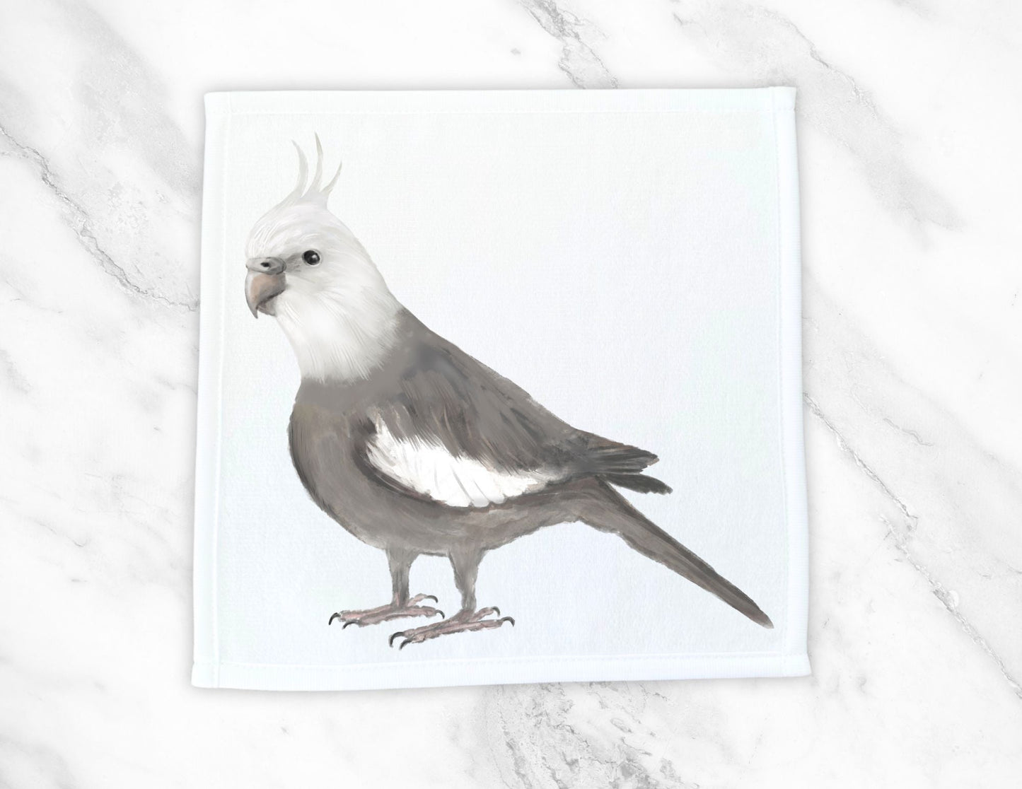 Cockatiel Washcloth | "Graceful Grey Perch" - MerikaArt