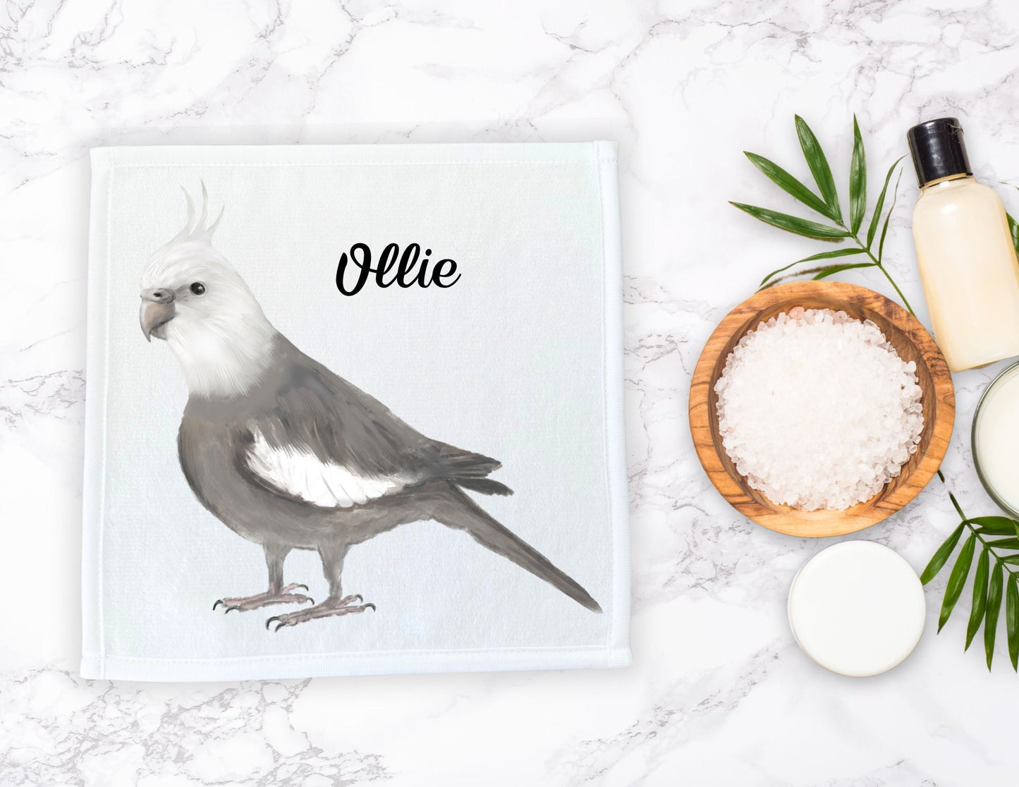 Cockatiel Washcloth | "Graceful Grey Perch" - MerikaArt