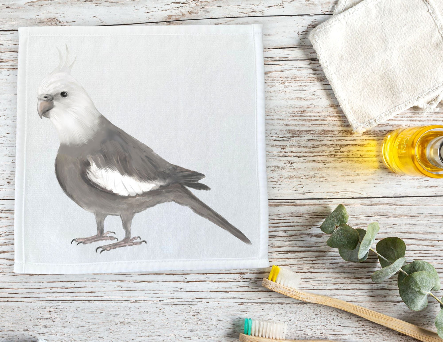 Cockatiel Washcloth | "Graceful Grey Perch" - MerikaArt