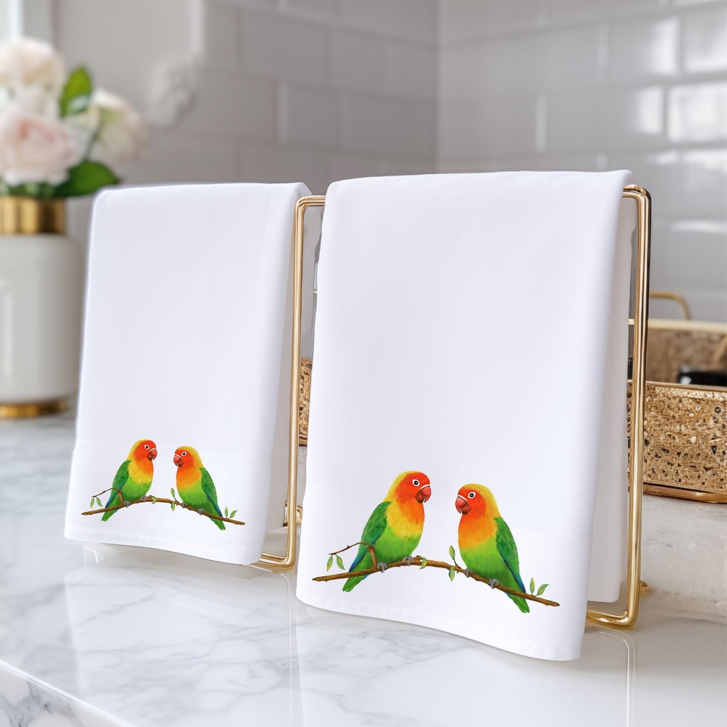 Colorful Lovebirds Bathroom Towel - MerikaArt