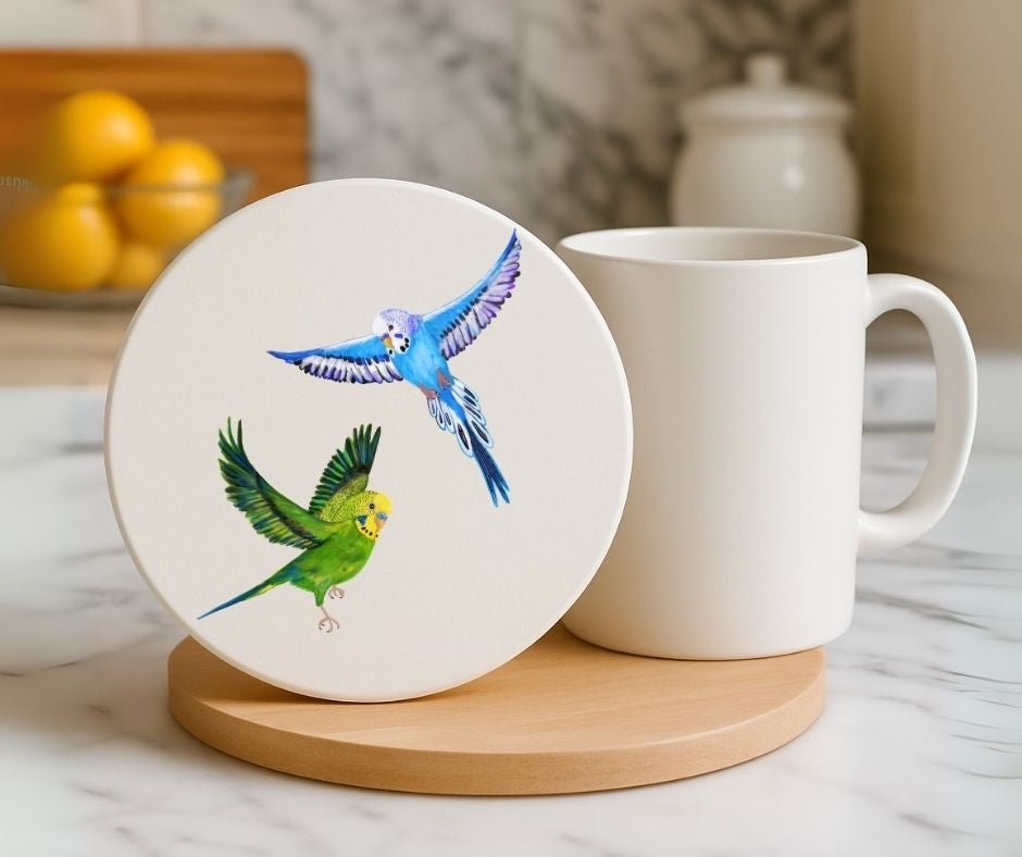 Colorful Parakeets Ceramic Coaster - MerikaArt