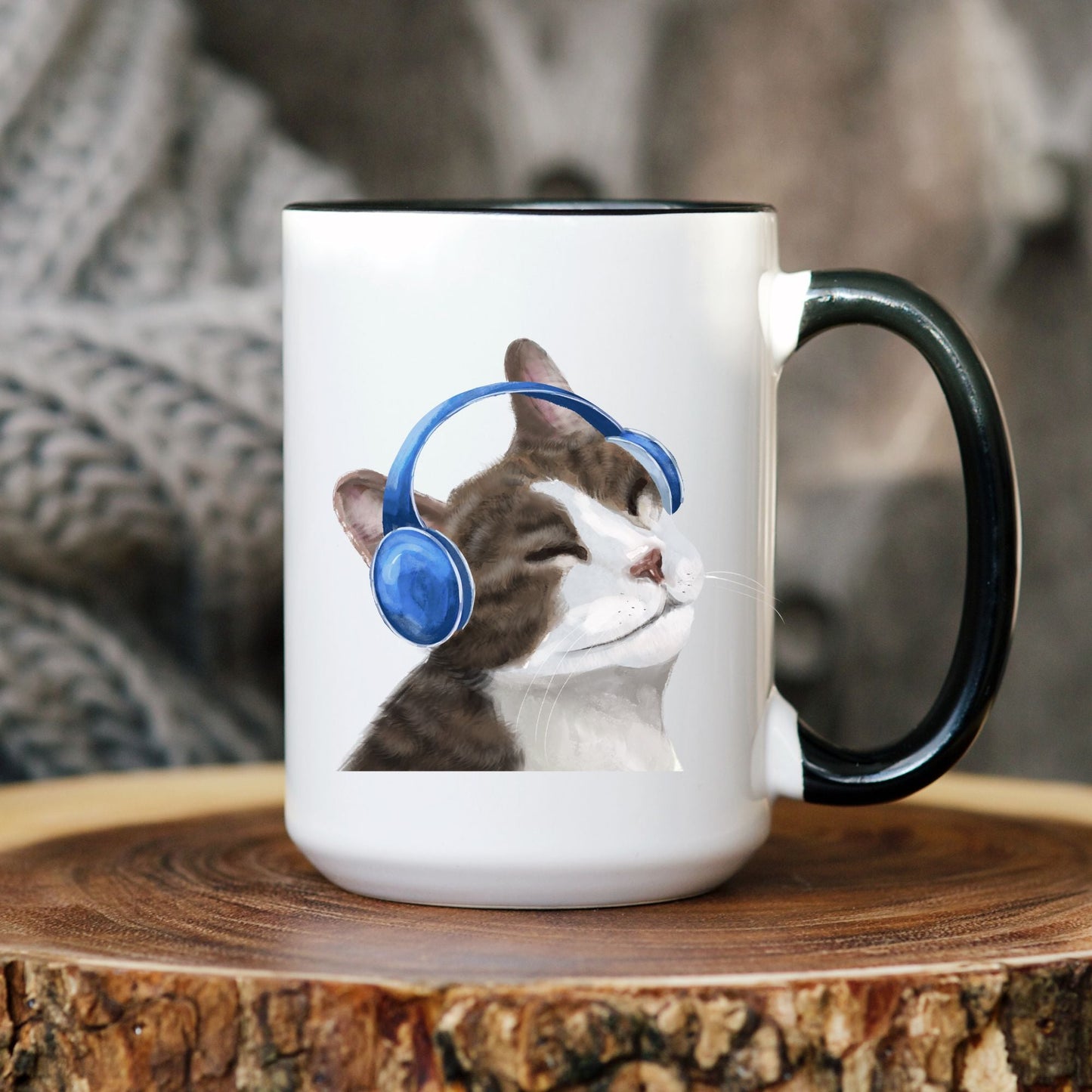 Cool Cat with Headphones Ceramic Coffee Mug - MerikaArt