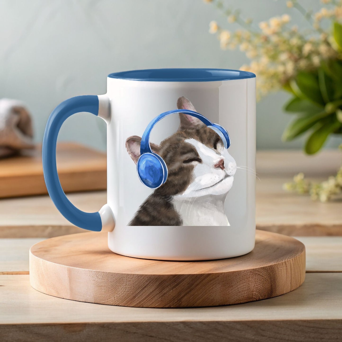 Cool Cat with Headphones Ceramic Coffee Mug - MerikaArt