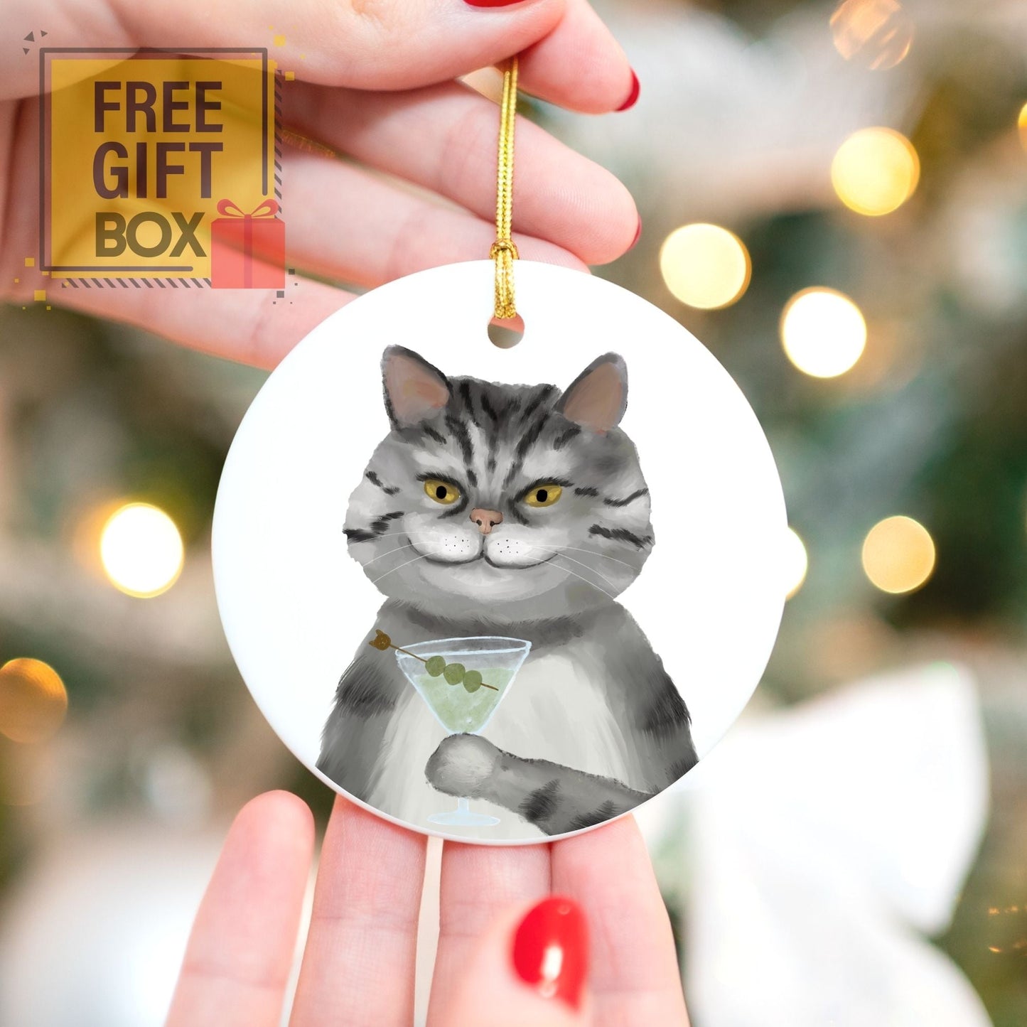 Cool Gray Tabby Cat Ceramic Ornament - MerikaArt
