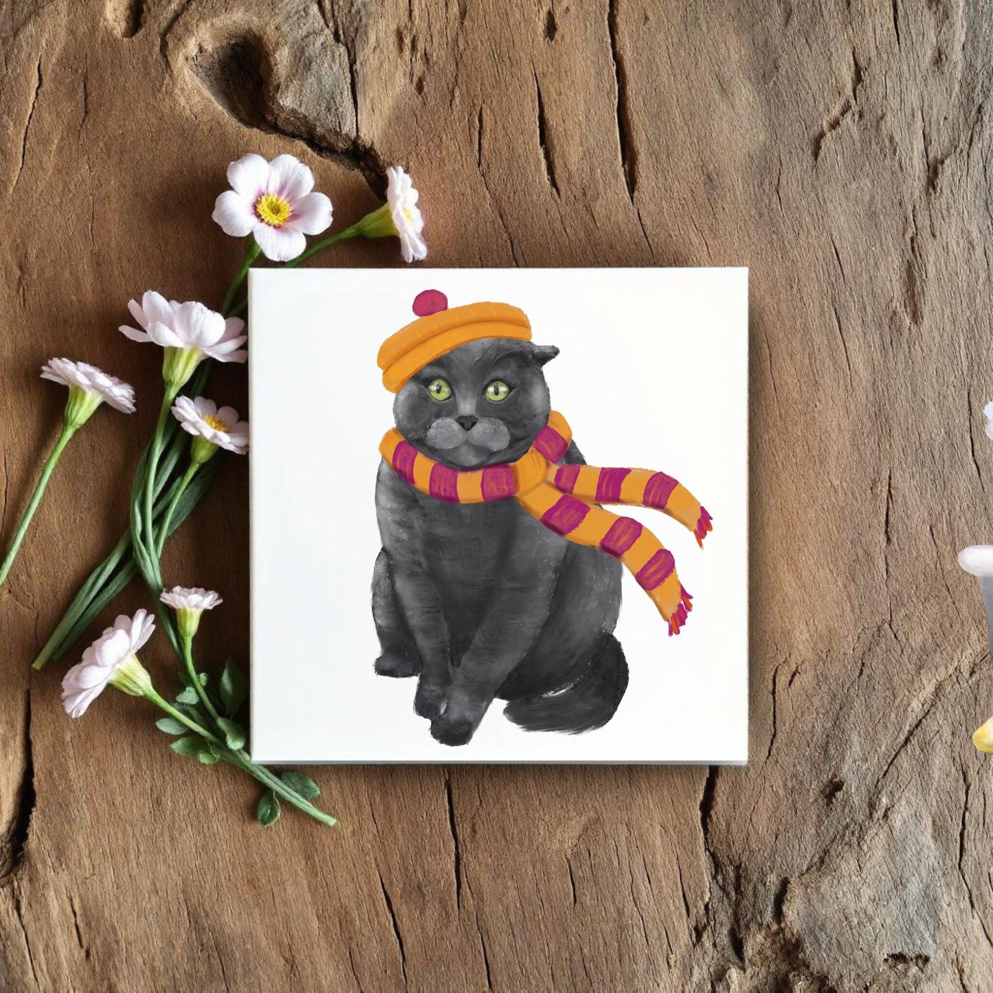 Cozy Black Cat with Hat and Scarf Ceramic Tile - MerikaArt