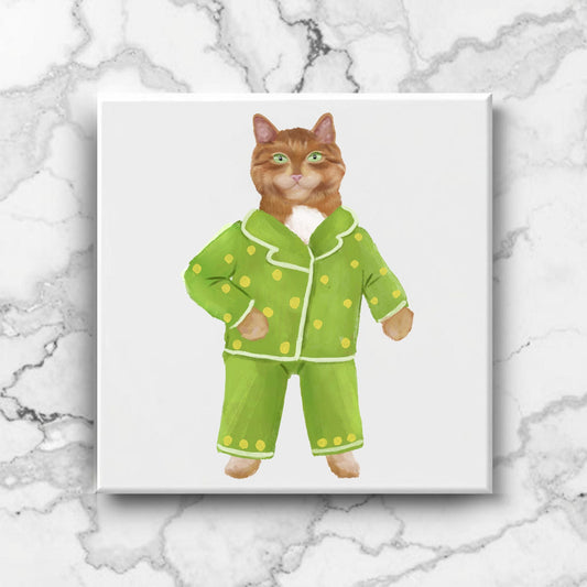 Cozy Cat in Pajamas Ceramic Tile - MerikaArt