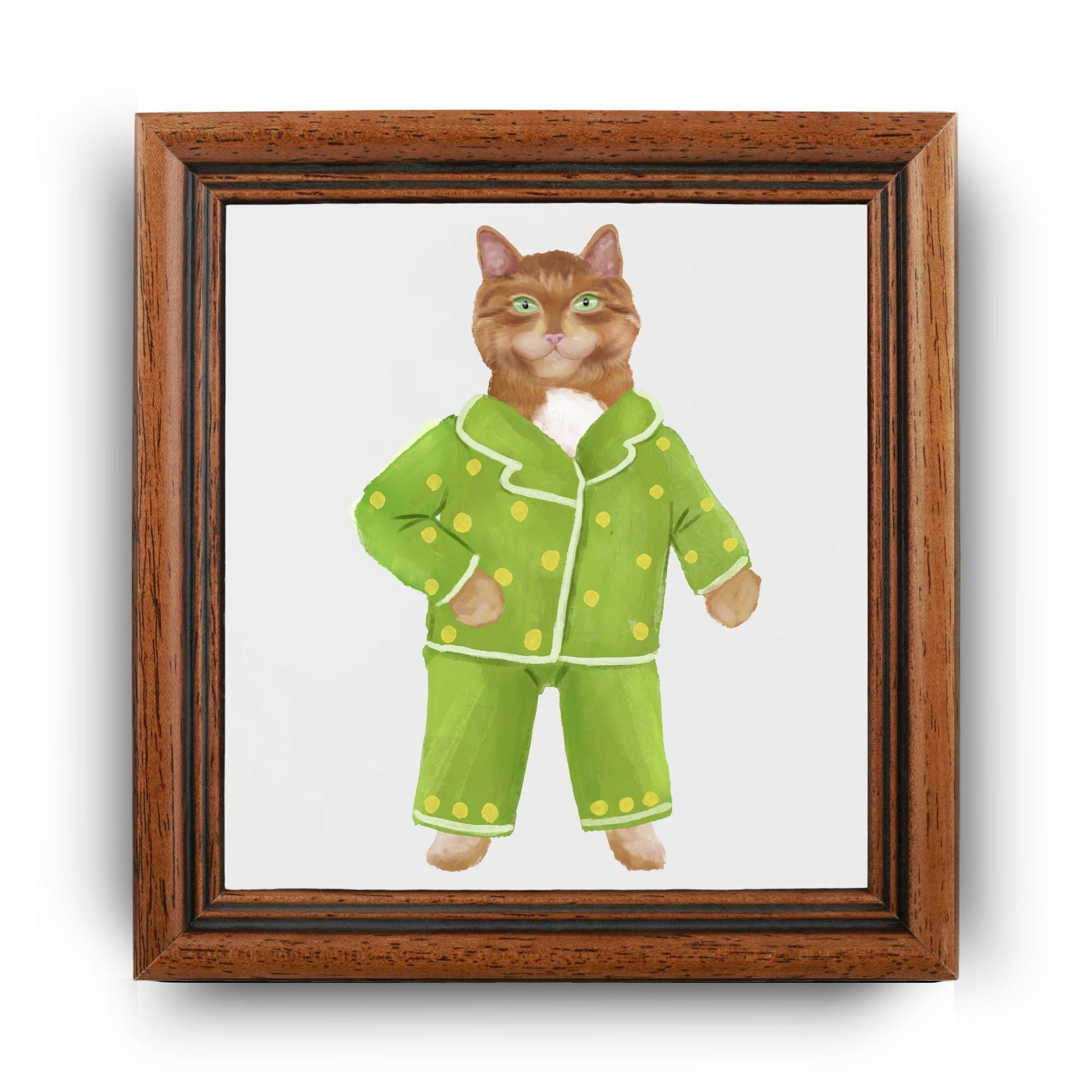 Cozy Cat in Pajamas Ceramic Tile - MerikaArt