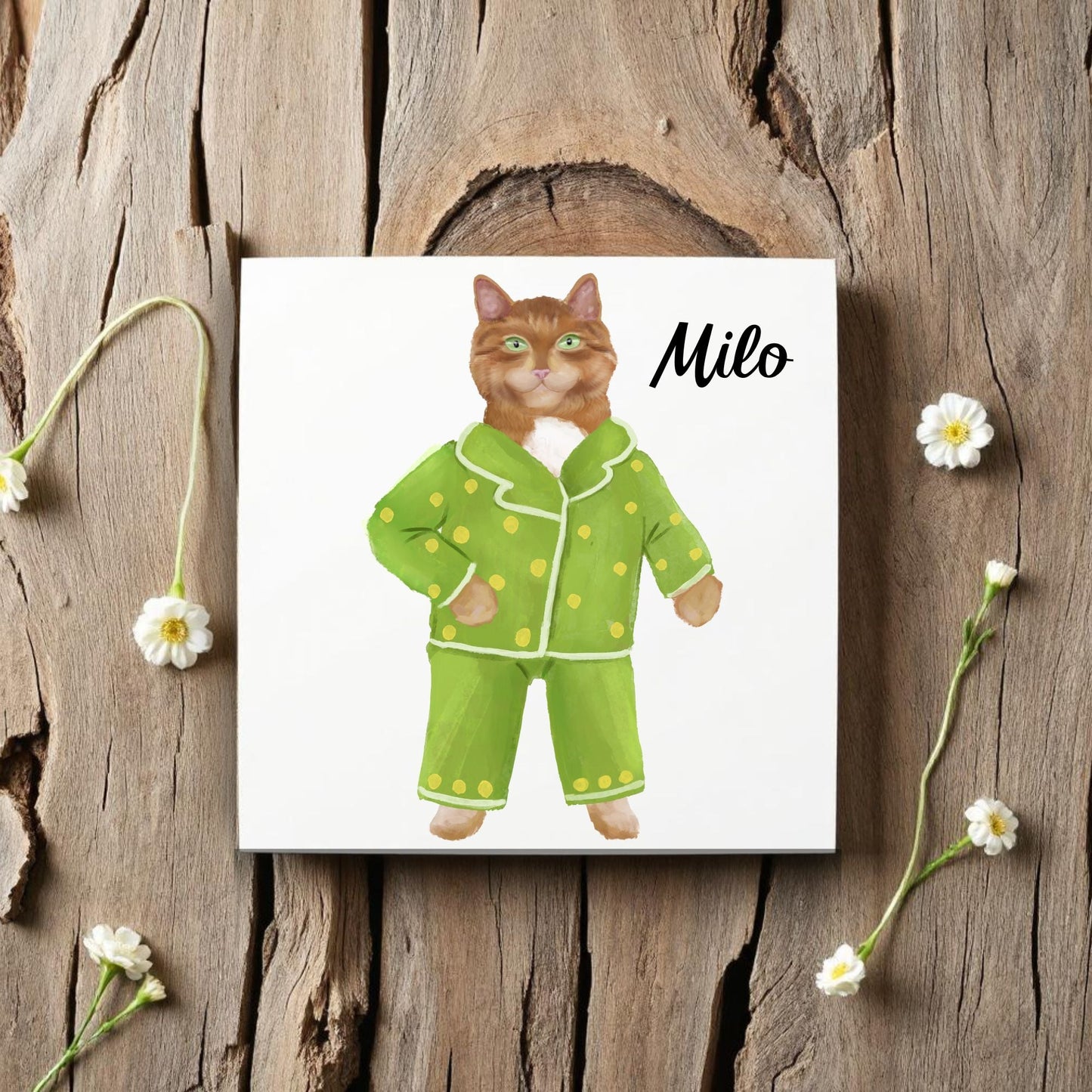 Cozy Cat in Pajamas Ceramic Tile - MerikaArt