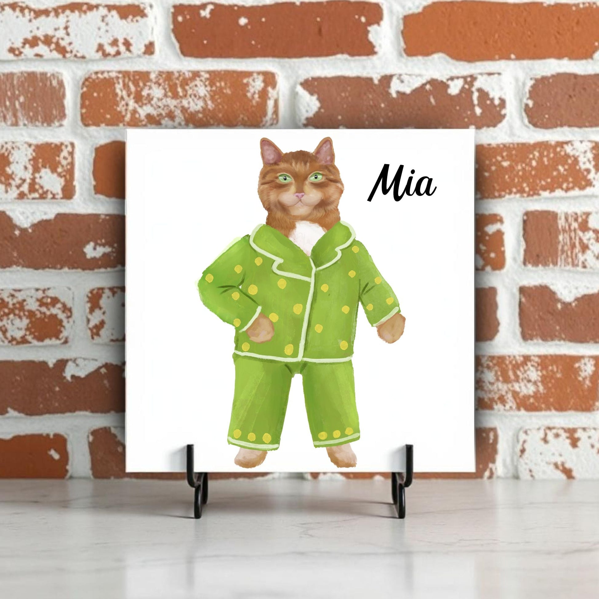 Cozy Cat in Pajamas Ceramic Tile - MerikaArt