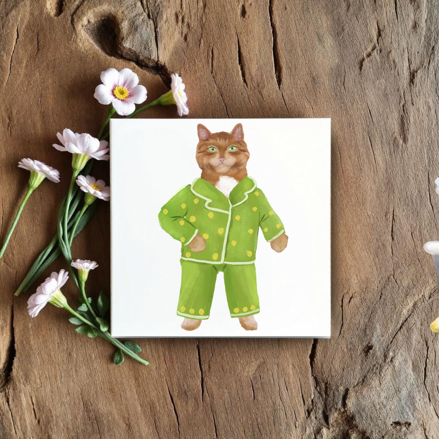 Cozy Cat in Pajamas Ceramic Tile - MerikaArt