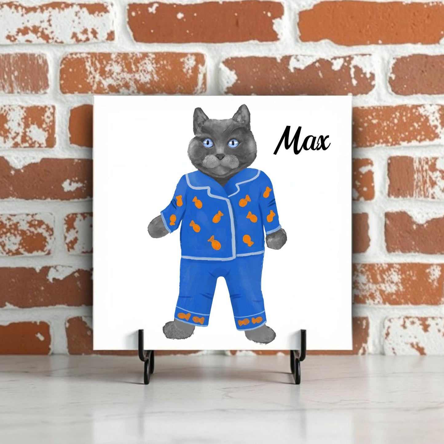 Cozy Gray Cat in Blue Pajamas Ceramic Tile - MerikaArt
