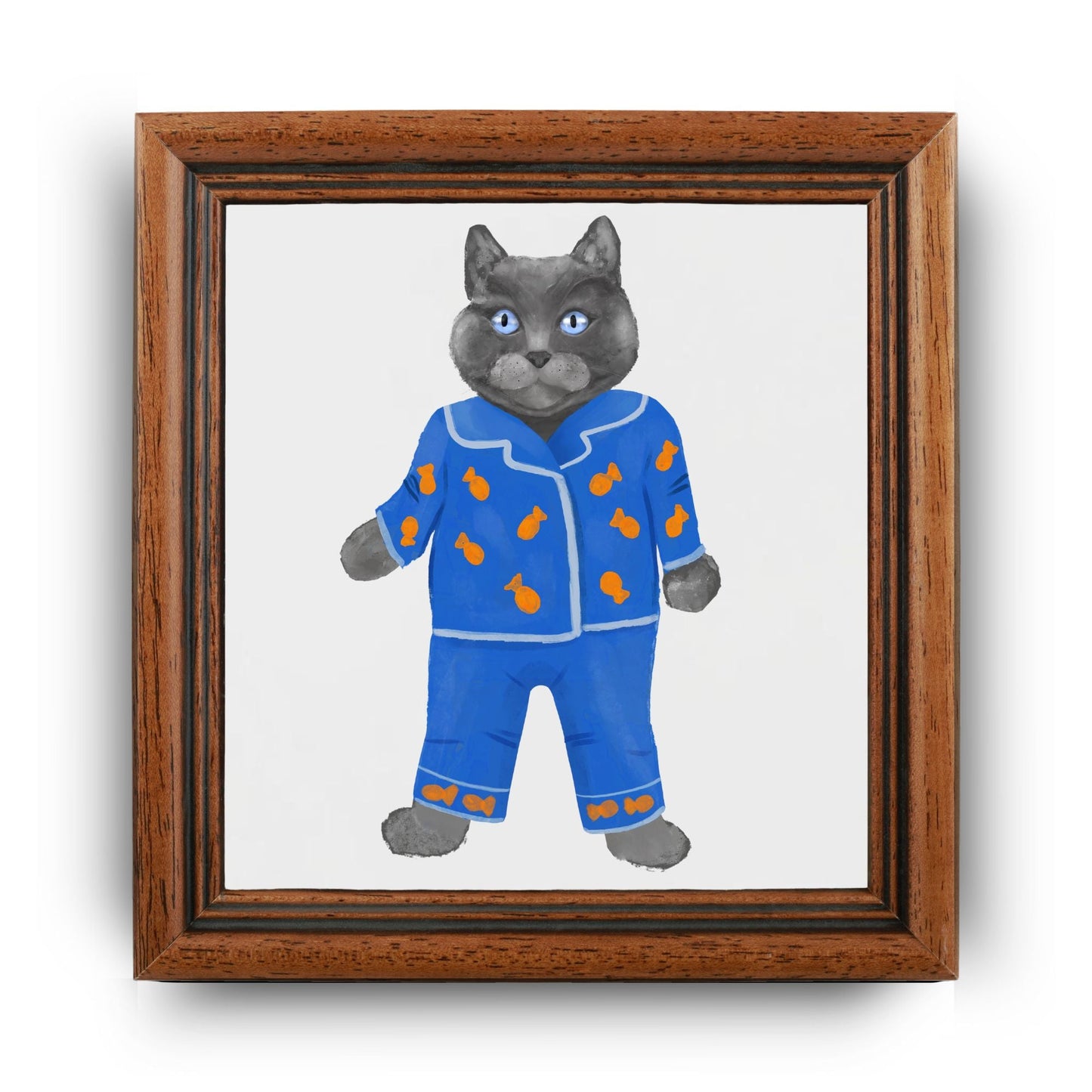 Cozy Gray Cat in Blue Pajamas Ceramic Tile - MerikaArt