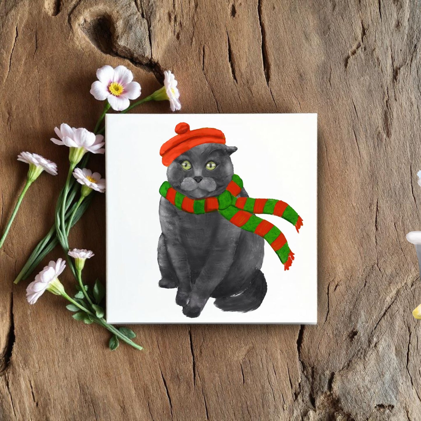 Cozy Winter Cat Ceramic Tile - MerikaArt