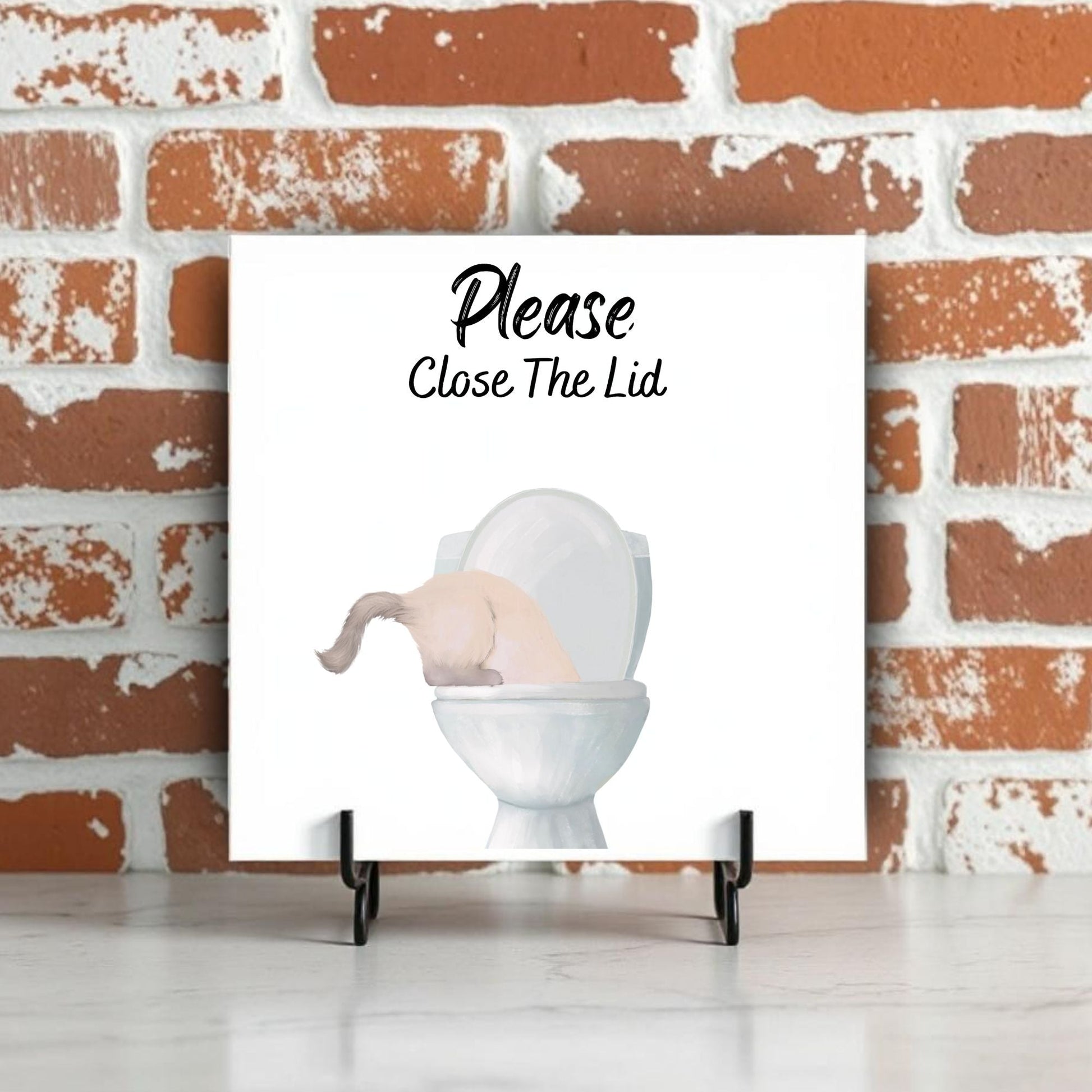 Cream Cat Bathroom Sign Ceramic Tile - MerikaArt