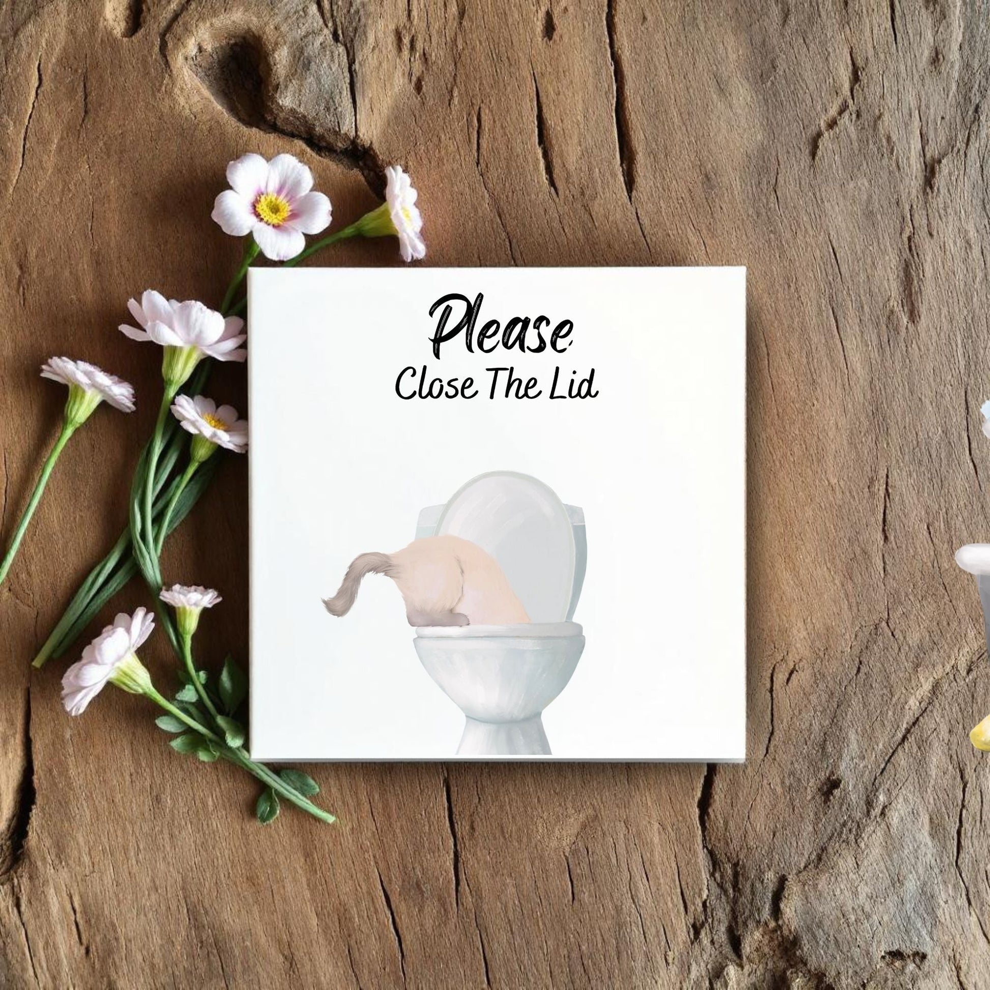 Cream Cat Bathroom Sign Ceramic Tile - MerikaArt