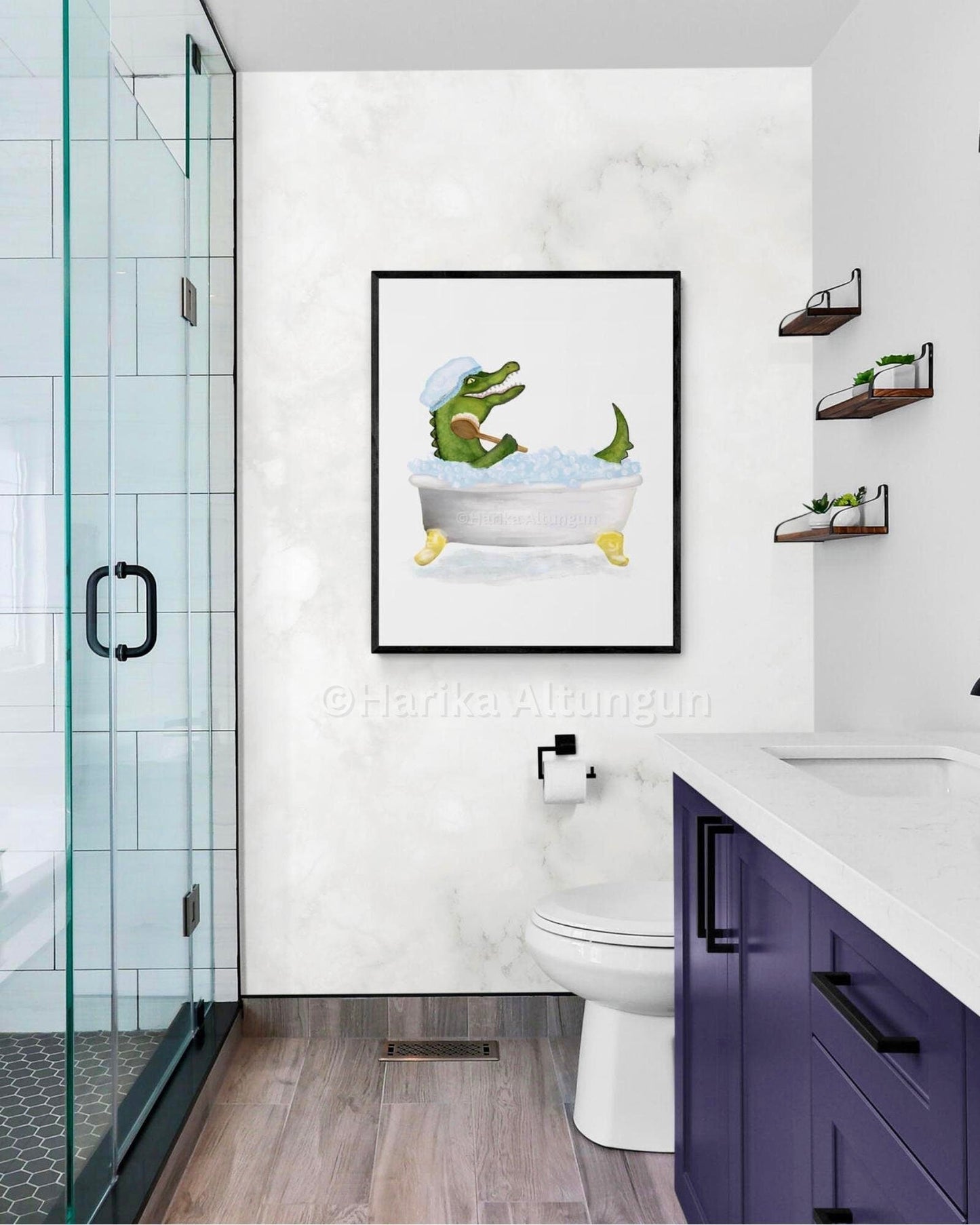 Crocodile In Tub Print, Bathing Alligator Print, Boys Bathroom Art, Funny Florida Bathroom Painting, Kids Bathroom Art, Crocodile Lover Gift - MerikaArt